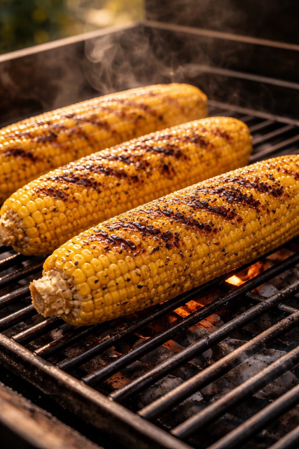 Close-up of corn on the cob grilling with light charring on a barbecue grate