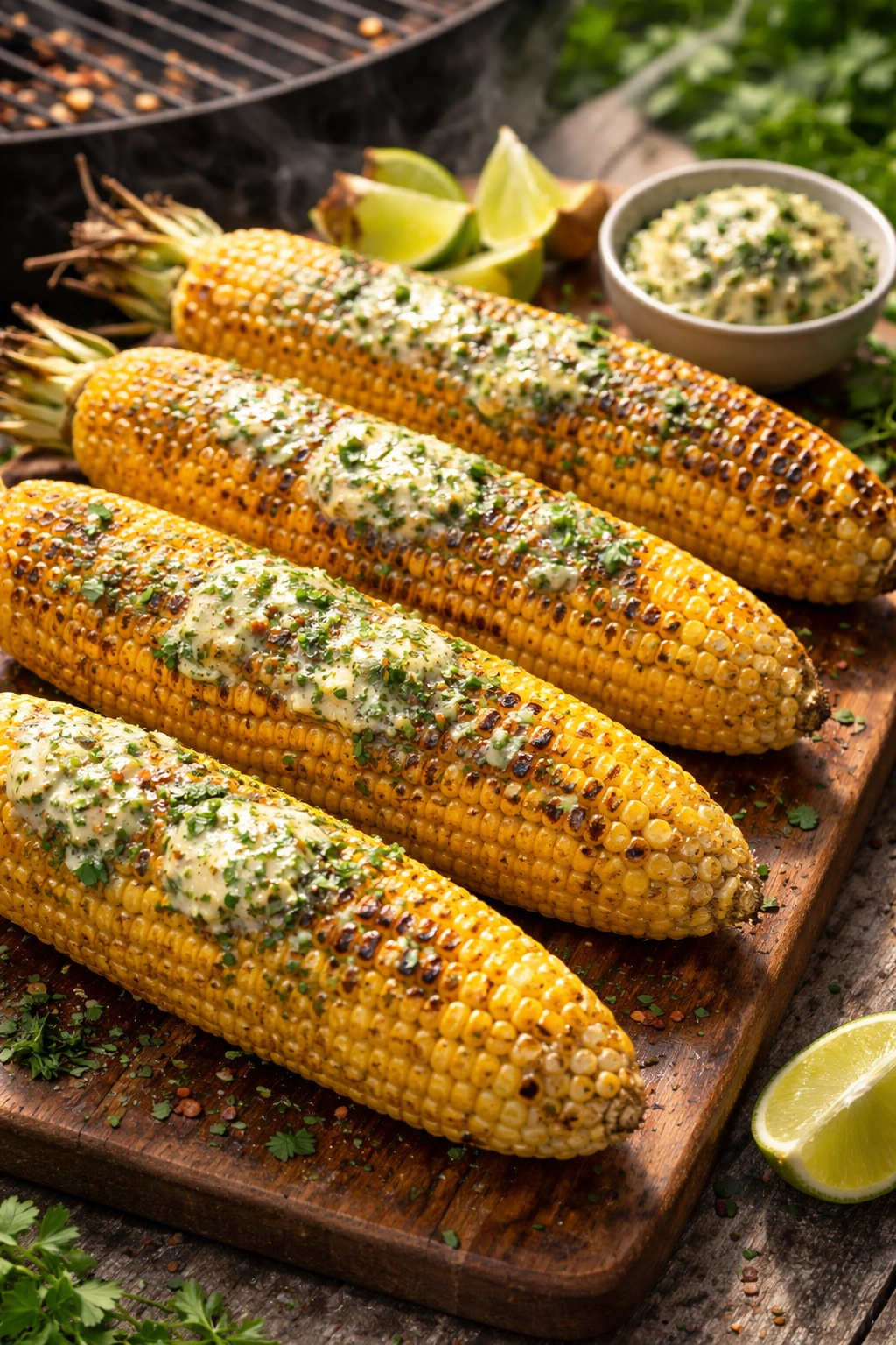 Grilled corn on the cob with char marks and herb butter