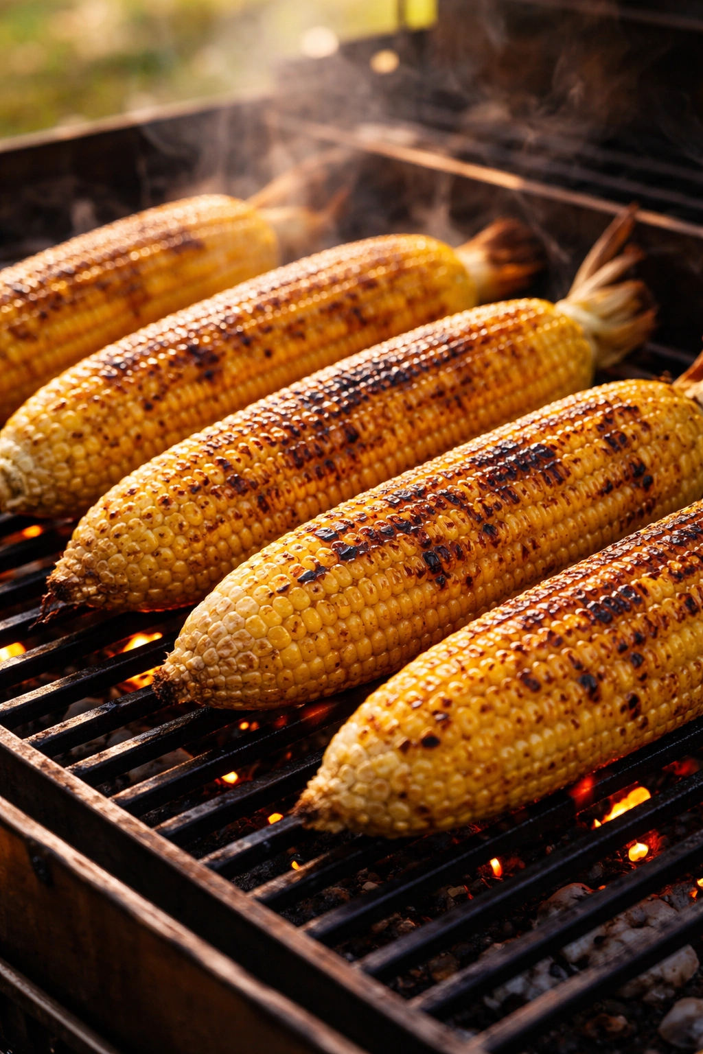 Close-up of grilled corn with caramelized kernels and light charring on a grill