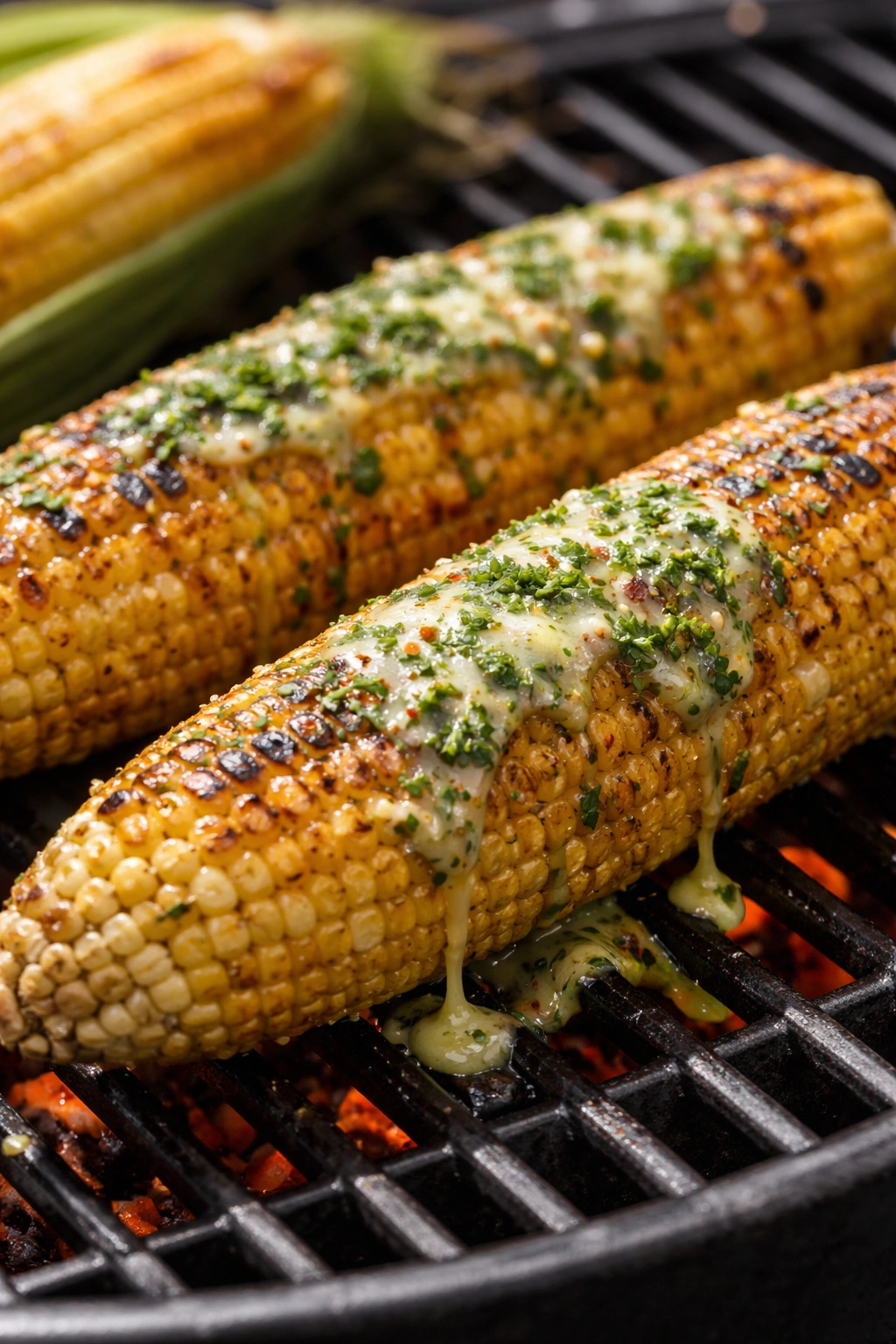 Close-up of grilled corn with herb butter melting on kernels