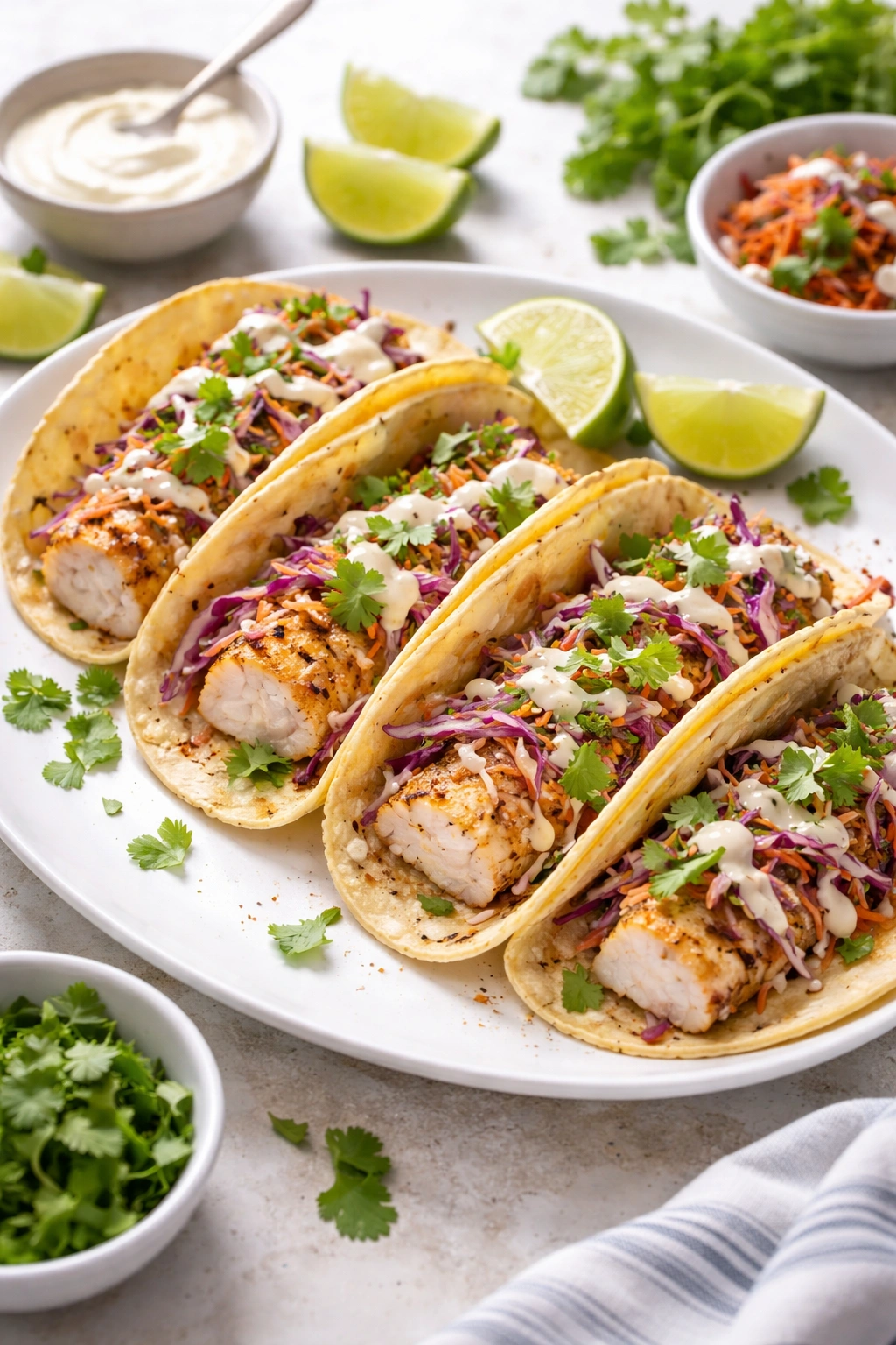 Grilled fish tacos with crispy slaw on a plate