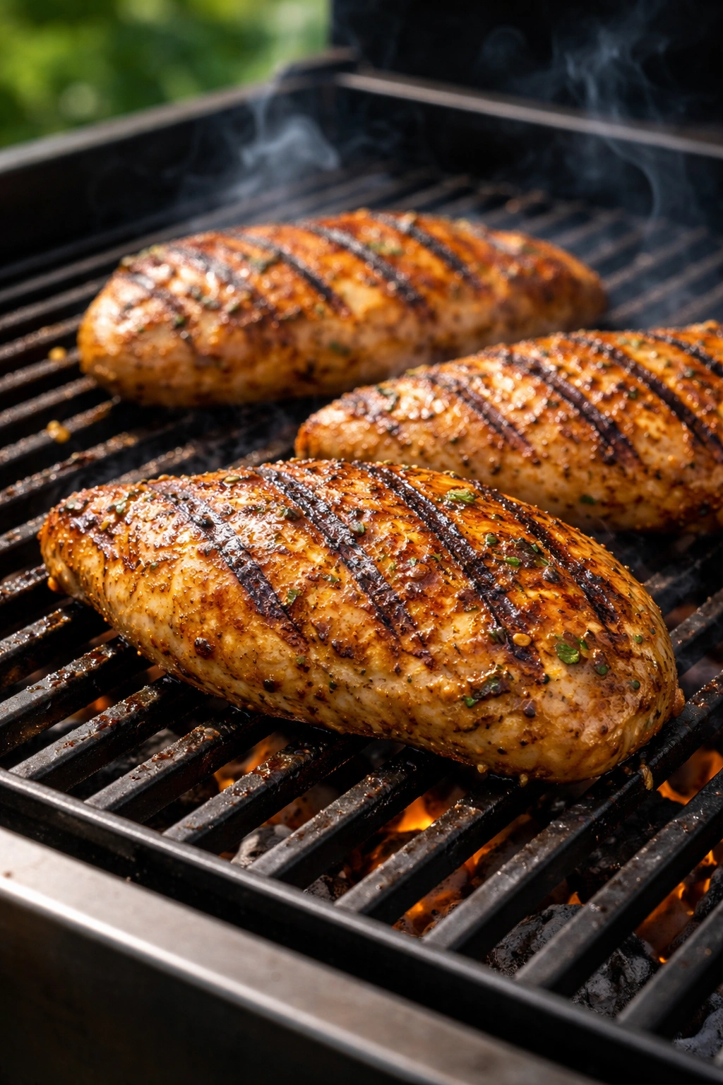 Grilled marinated chicken with char marks on a hot grill outdoors
