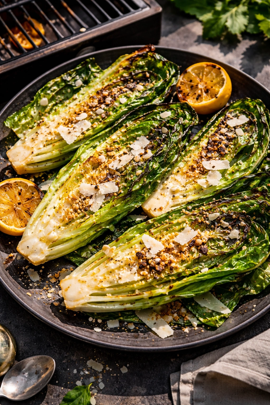 Grilled romaine halves with char marks and parmesan on plate