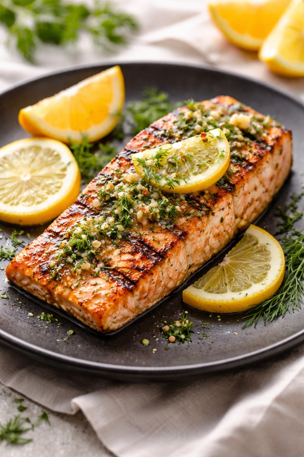 Salmon fillet with citrus-herb glaze on a dark plate