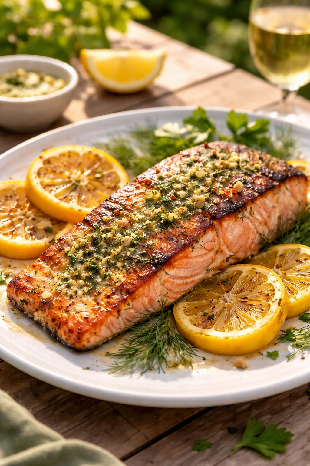 Grilled lemon-herb salmon on plate with crispy skin