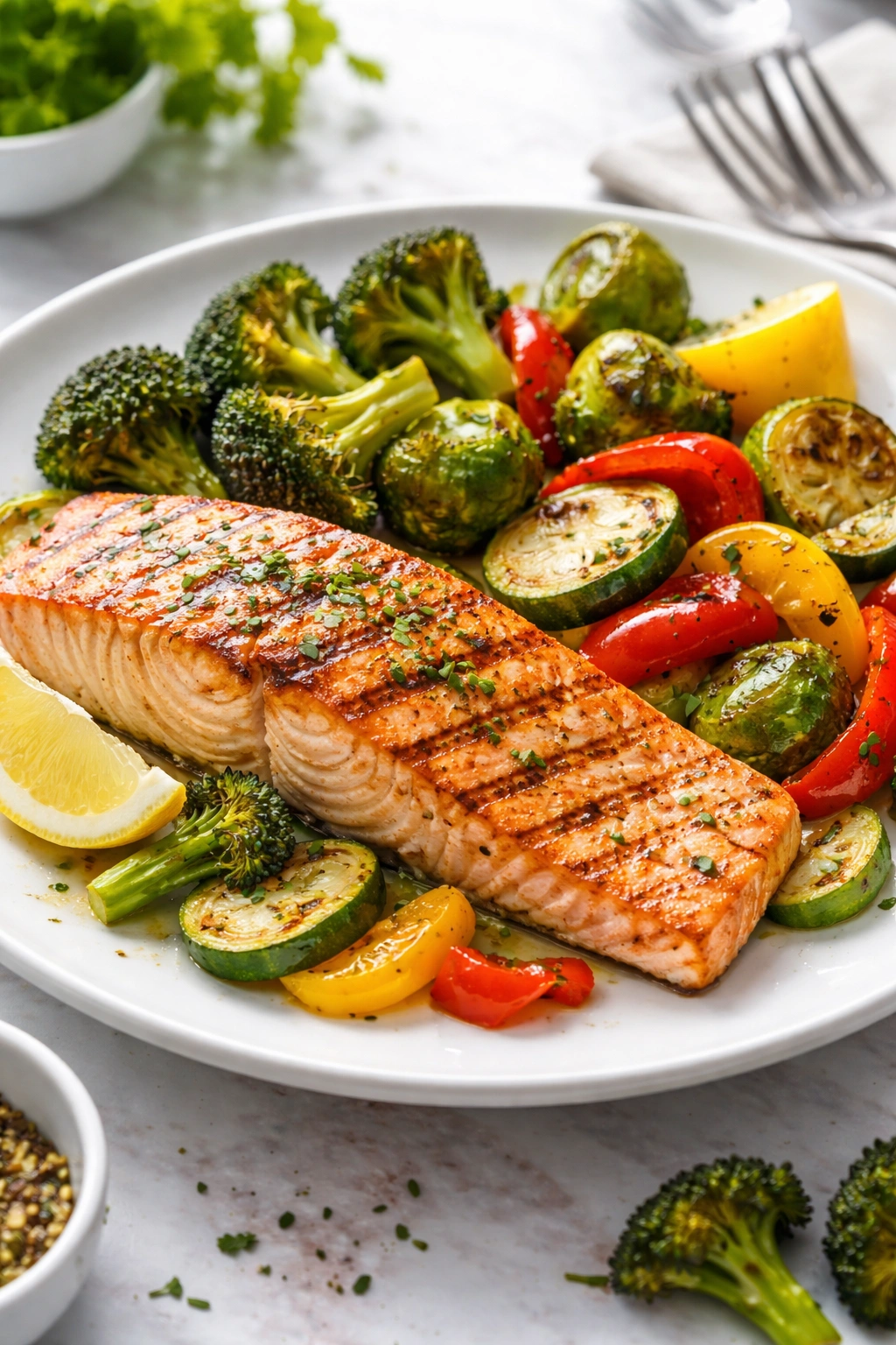 Grilled salmon with roasted vegetables on a white plate