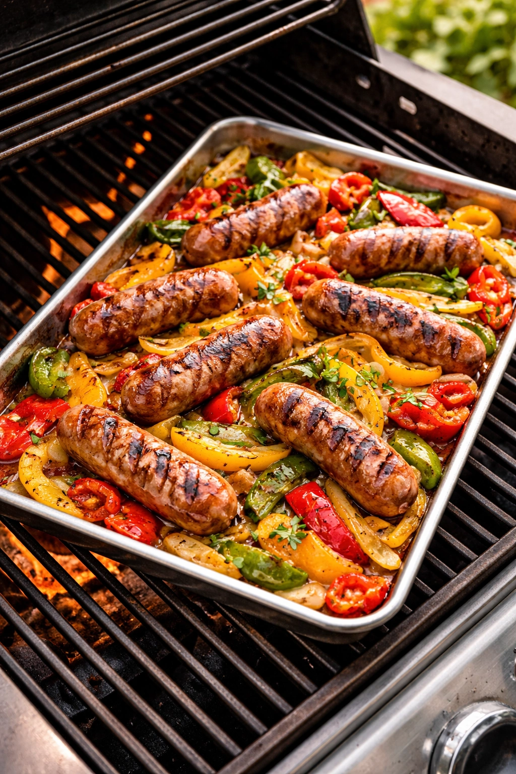 Grilled sausage and peppers on a grill with char marks