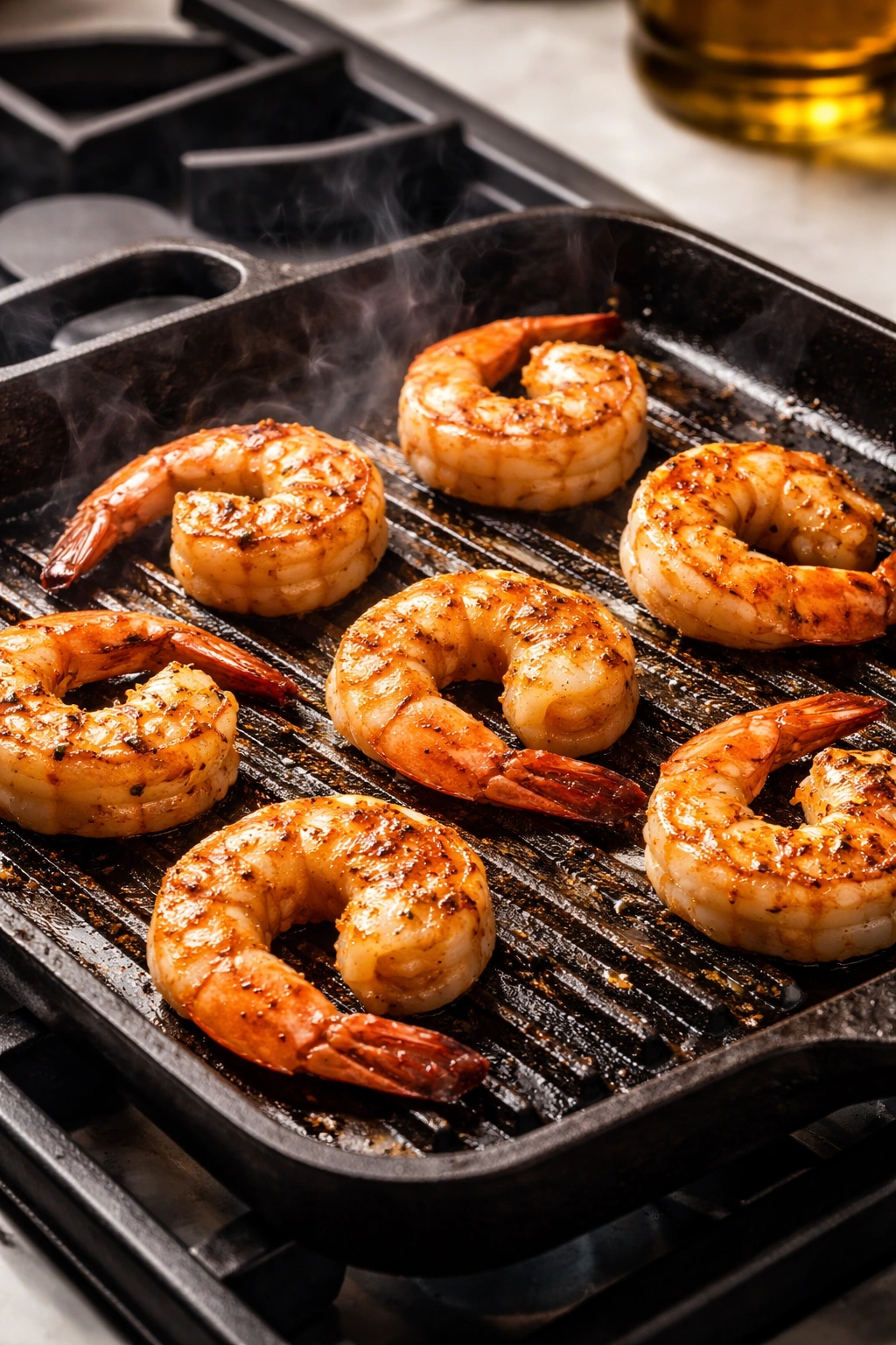 Grilled shrimp on a cast-iron pan with sear marks