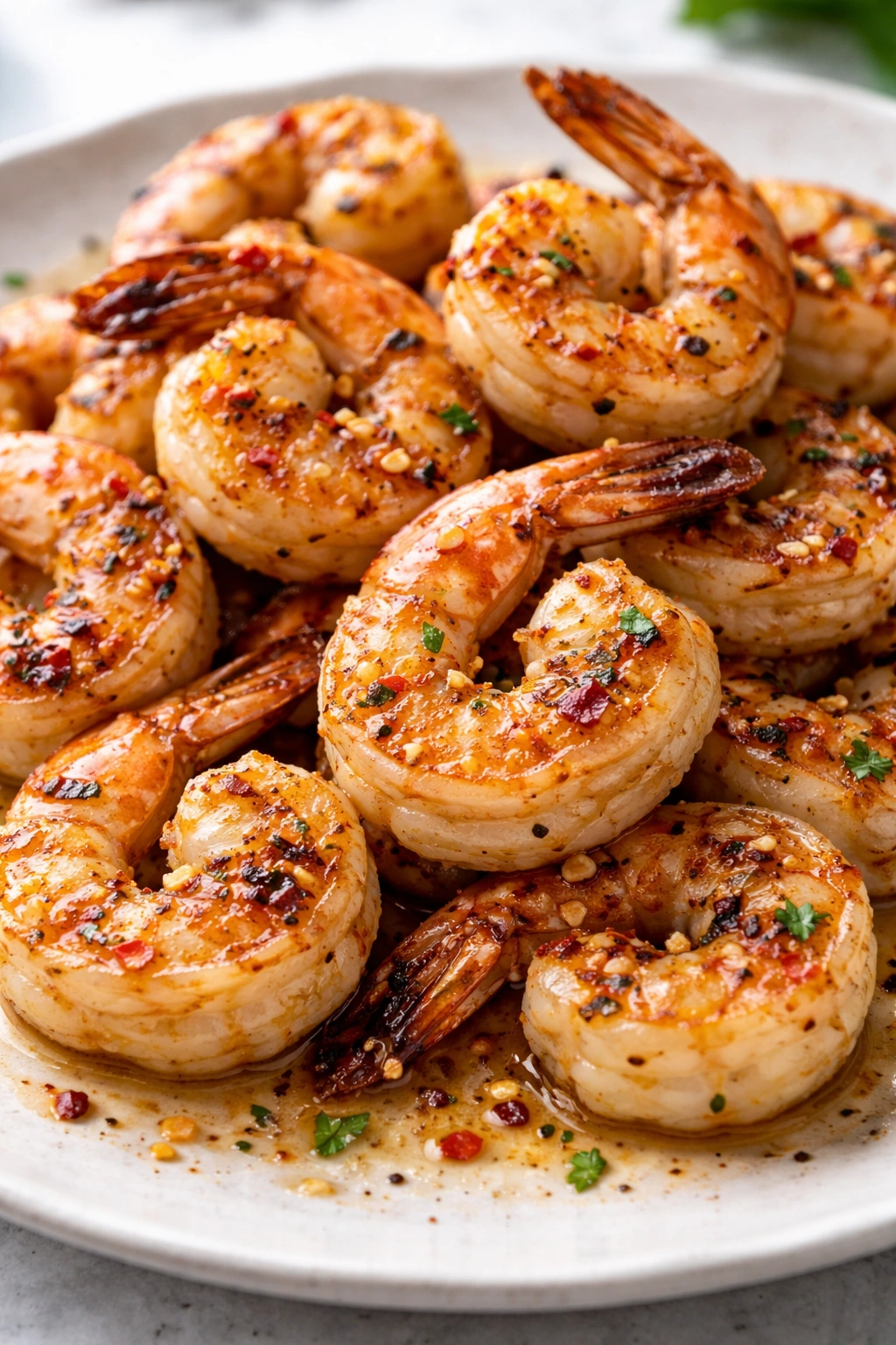 Grilled shrimp with garlic and red pepper flakes on plate