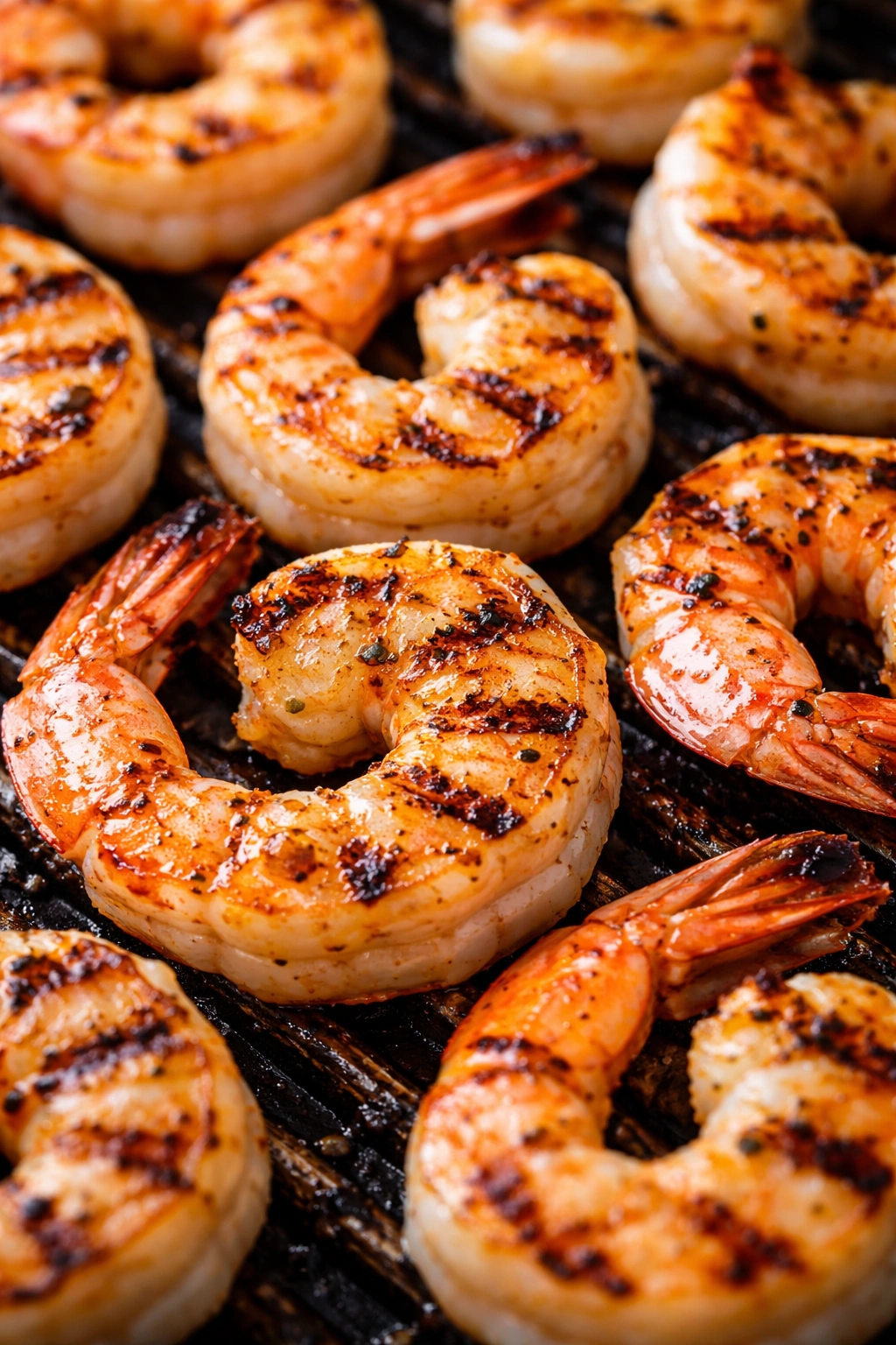 Close-up of perfectly grilled shrimp with char marks