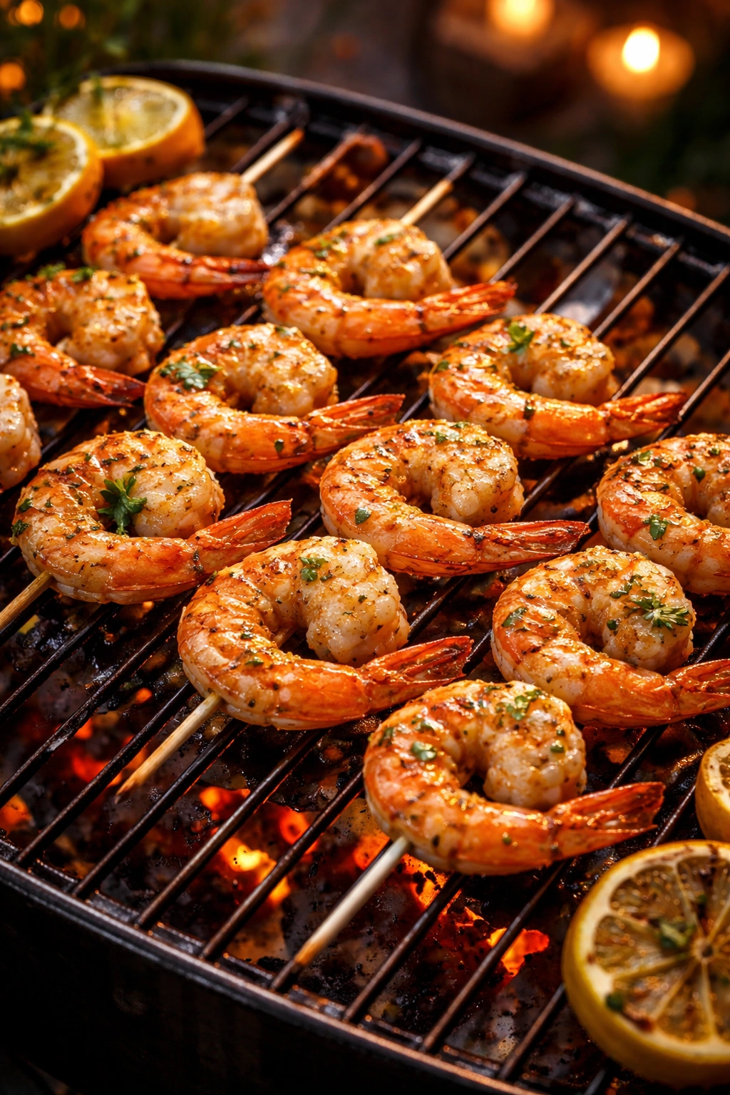 Grilled shrimp on skewers with char marks and glaze on a grill, ready for weeknight dinner.