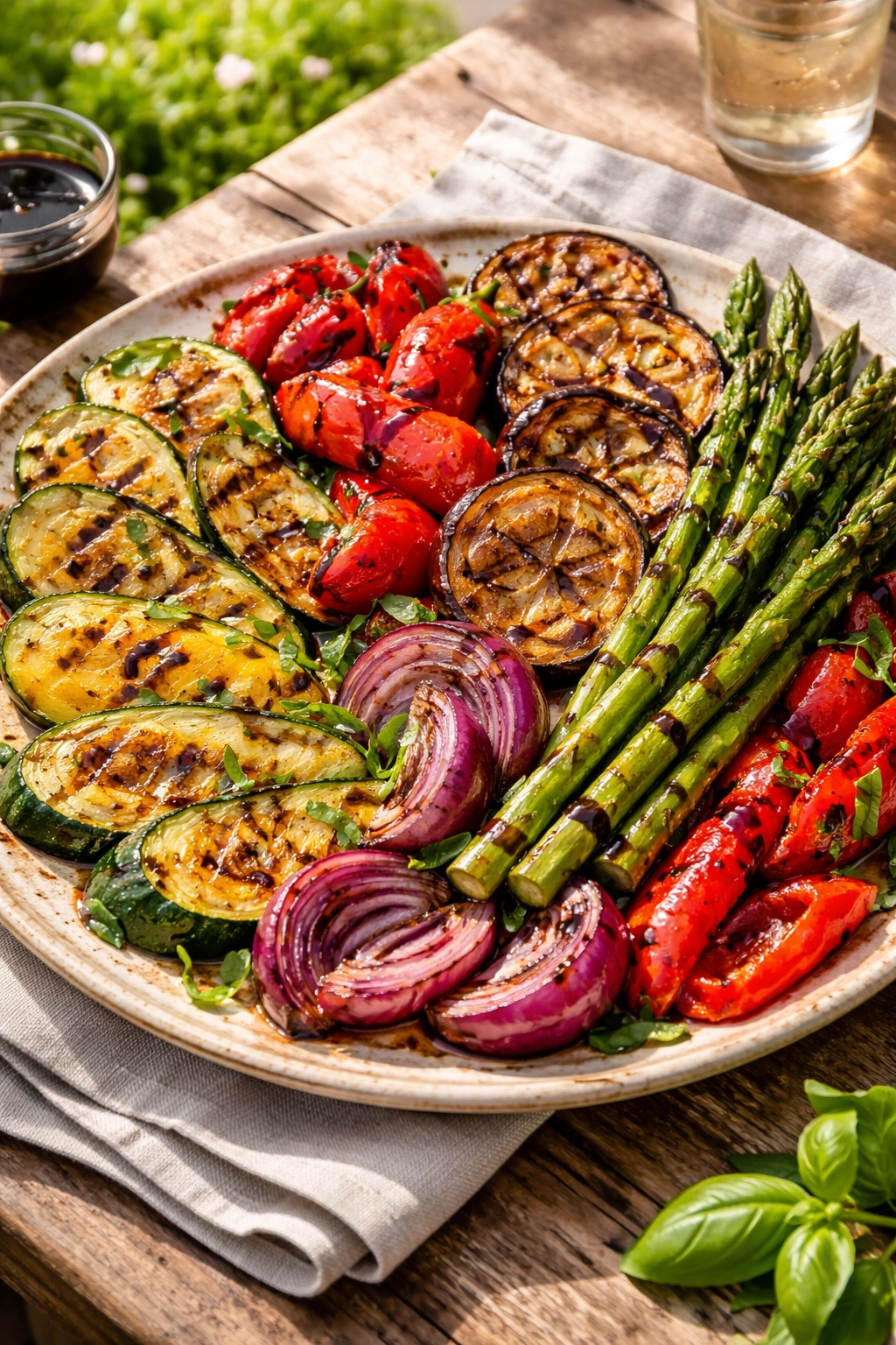 Colorful grilled vegetables on a platter with balsamic glaze