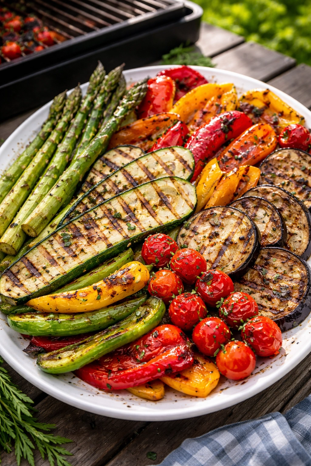 Grilled vegetables with char marks on a platter