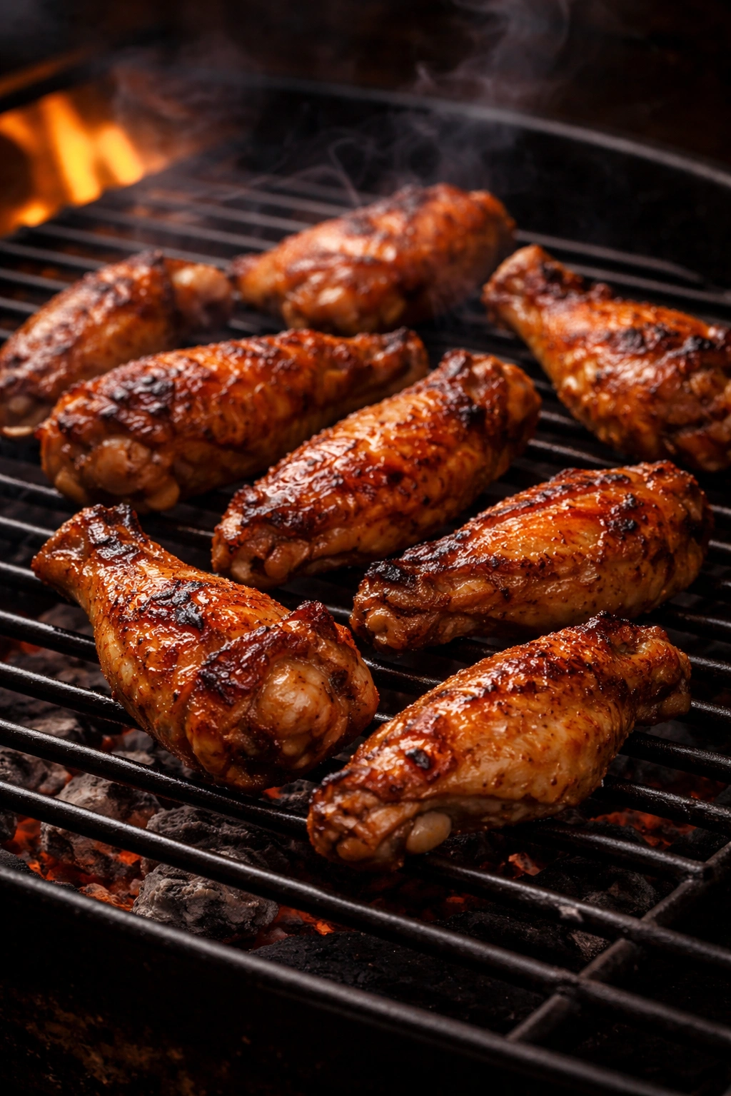 Close-up of crispy grilled chicken wings with golden skin on a grill grate