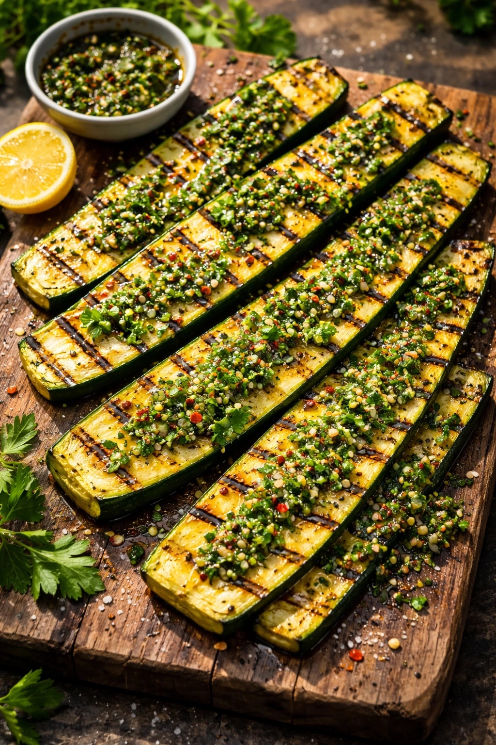 Grilled zucchini slices with green chimichurri sauce