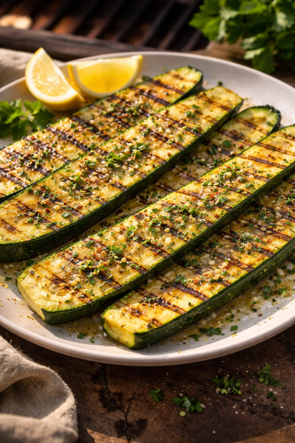 Grilled zucchini with garlic herb butter on a plate