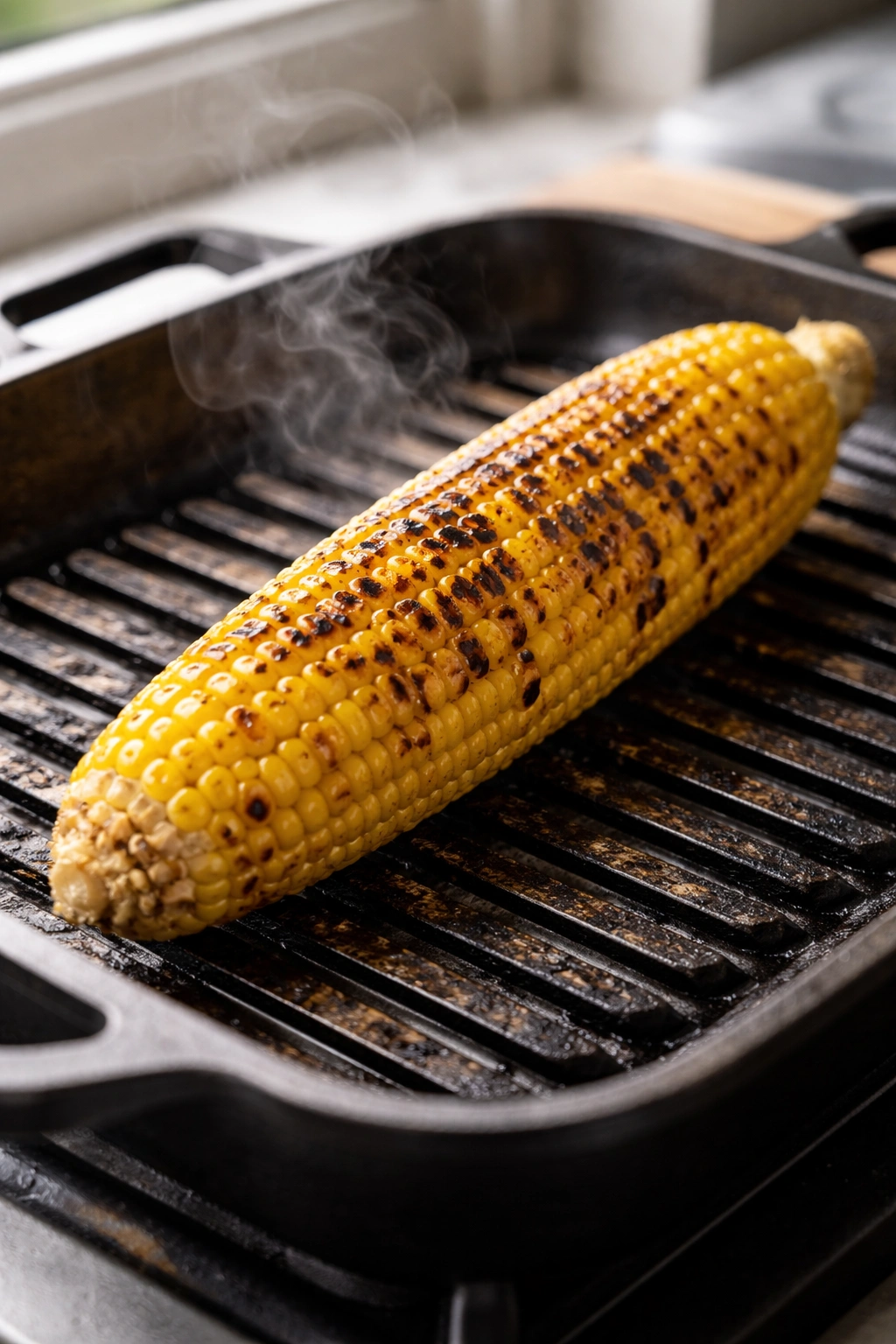 Charred corn on cast-iron grill pan