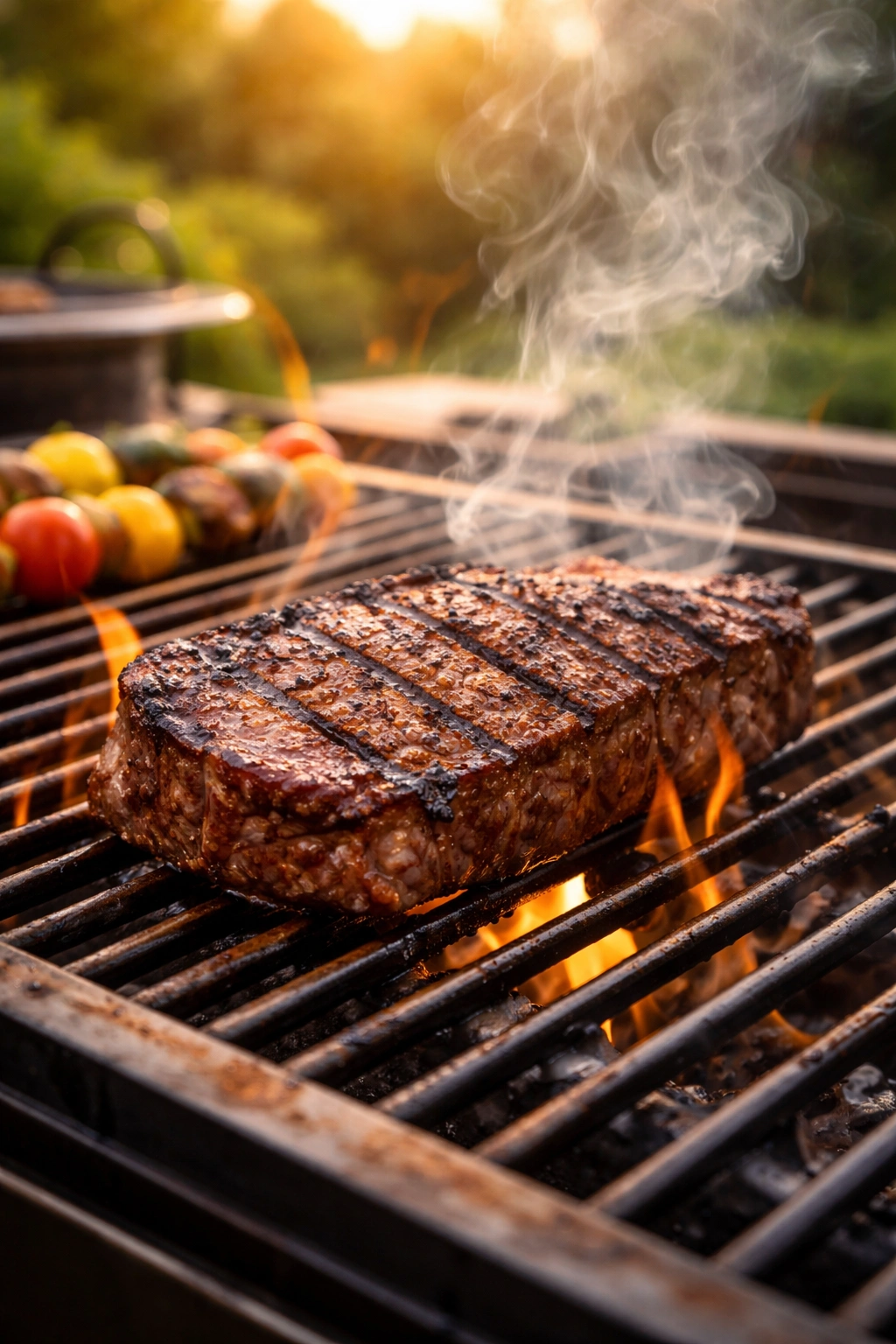 Close-up of seared meat on a hot grill grate with smoke rising