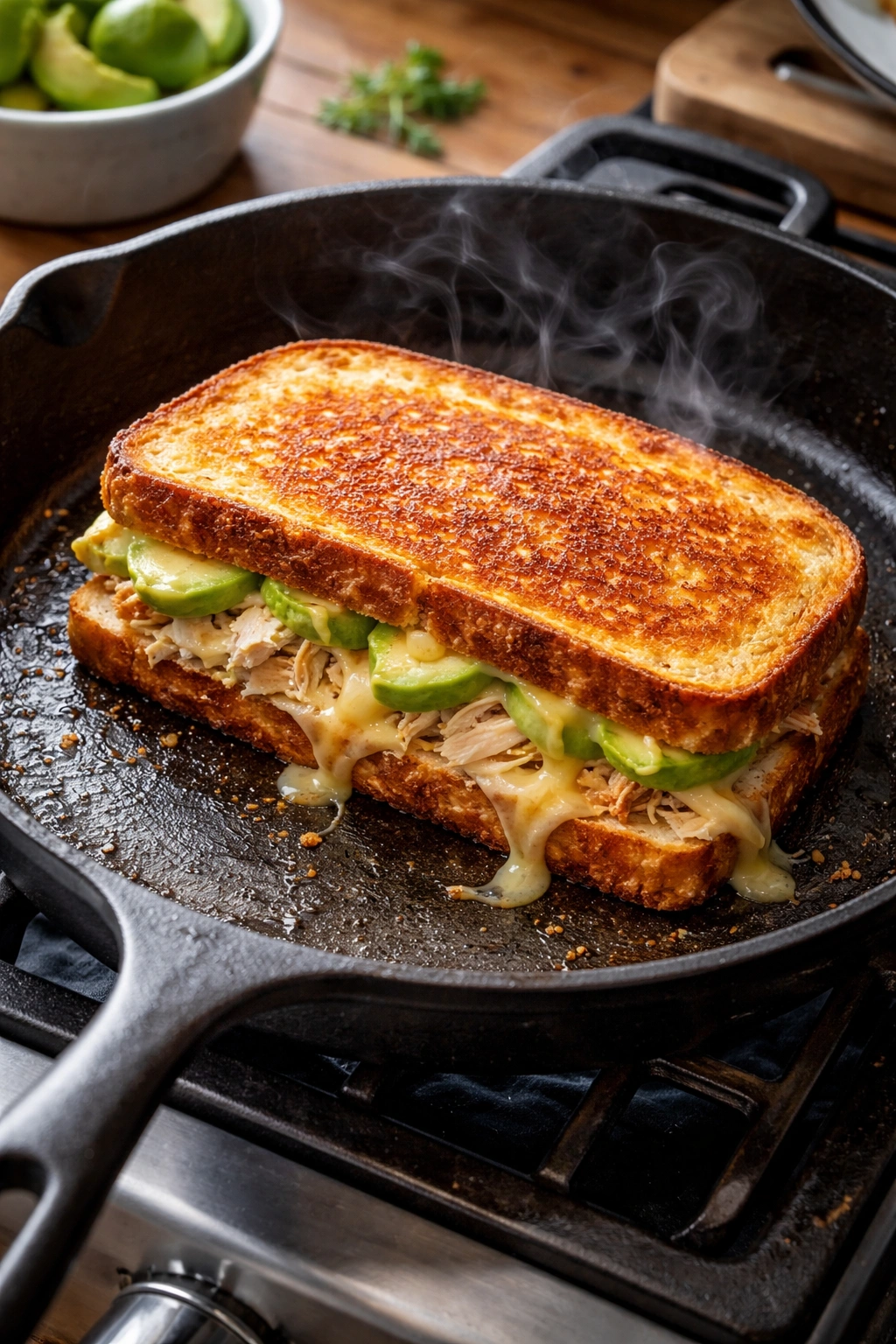 Grilling sandwich in skillet with golden crust and melted cheese