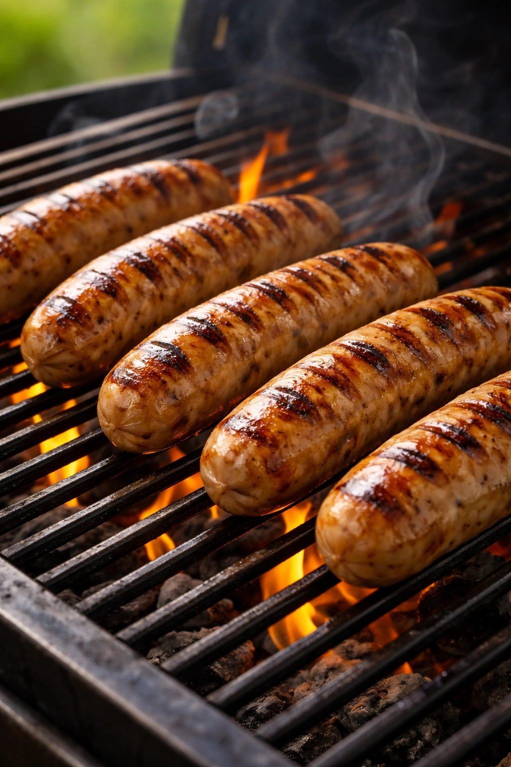 Sausages with grill marks on a barbecue grill over direct heat
