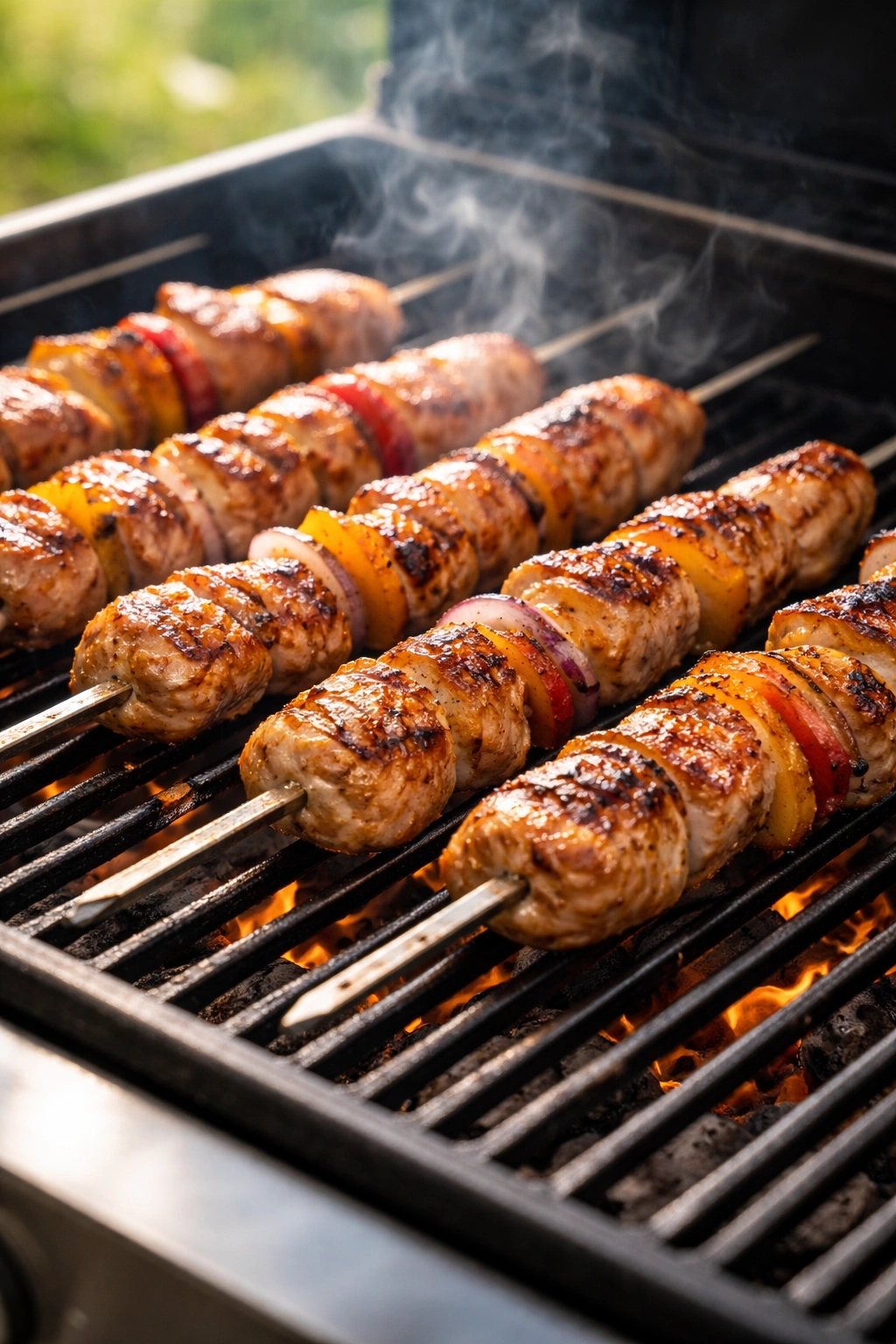 Close-up of grilled chicken skewers with grill marks on a hot grill