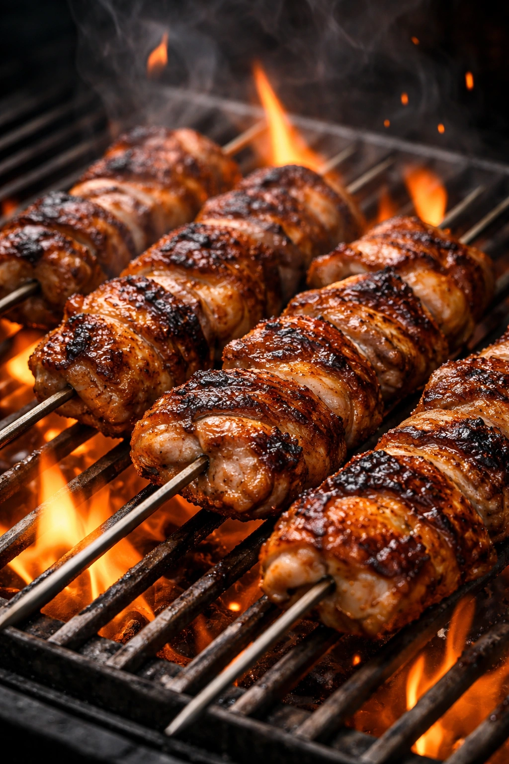 Close-up of chicken thigh skewers on a hot grill with char and juicy center