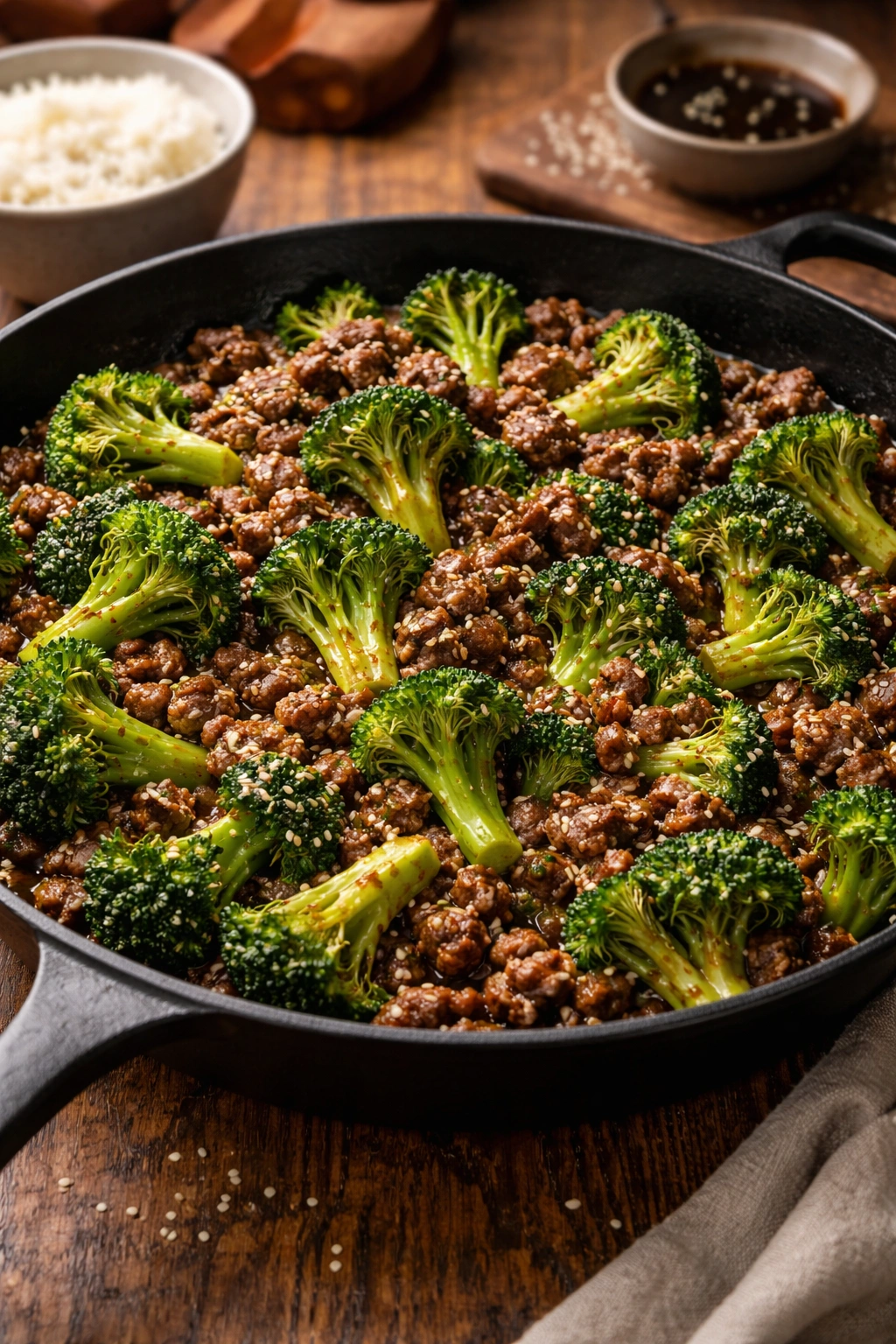 Ground beef and broccoli in ginger-soy glaze in a skillet