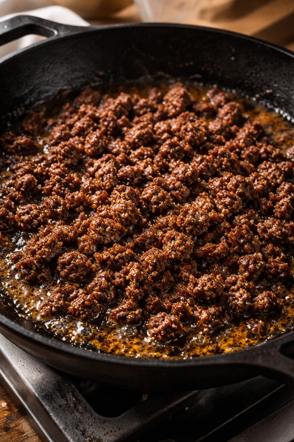 Browning ground beef with Maillard crust in a skillet