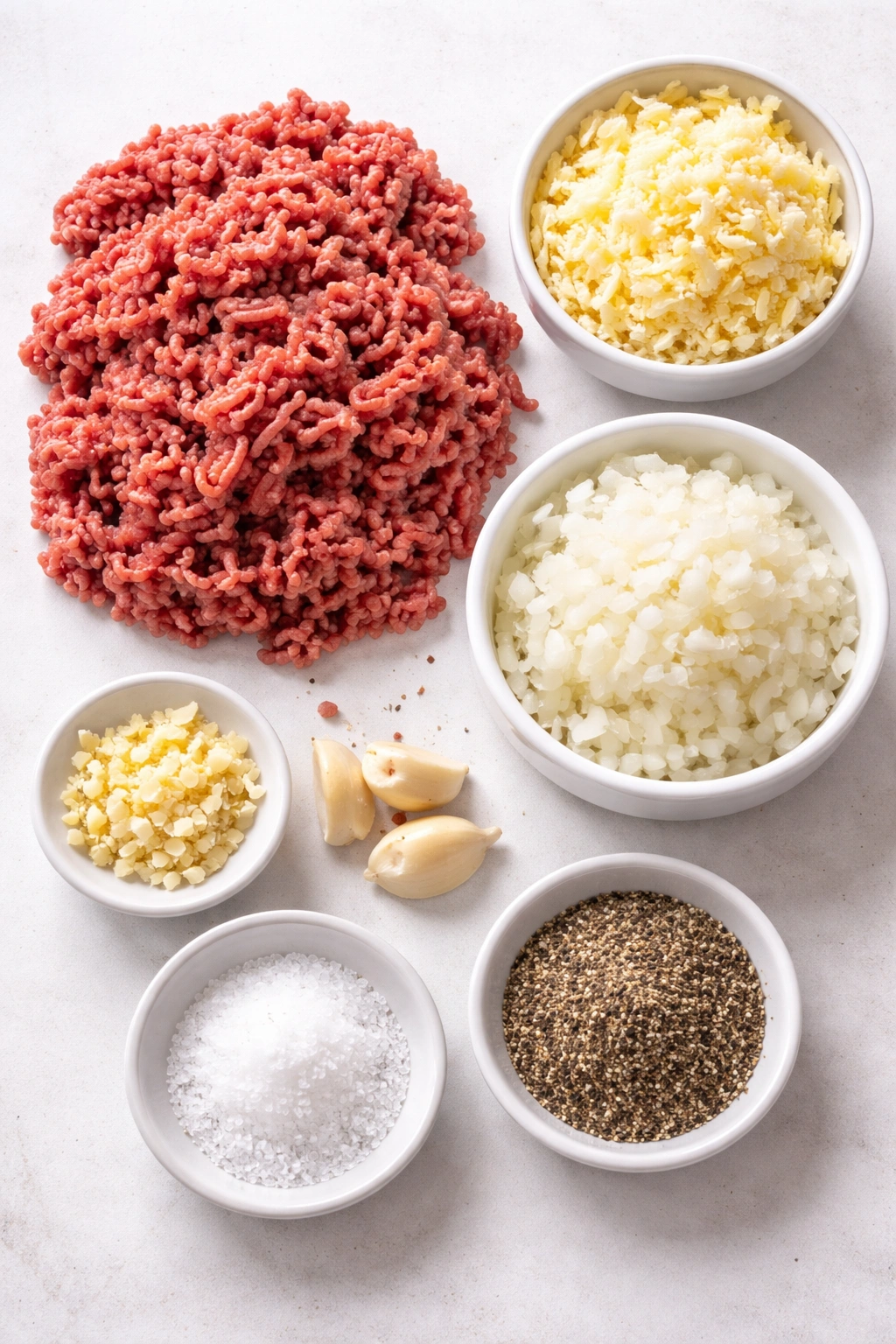 Ground beef, frozen butter, onion, garlic, salt and pepper laid out