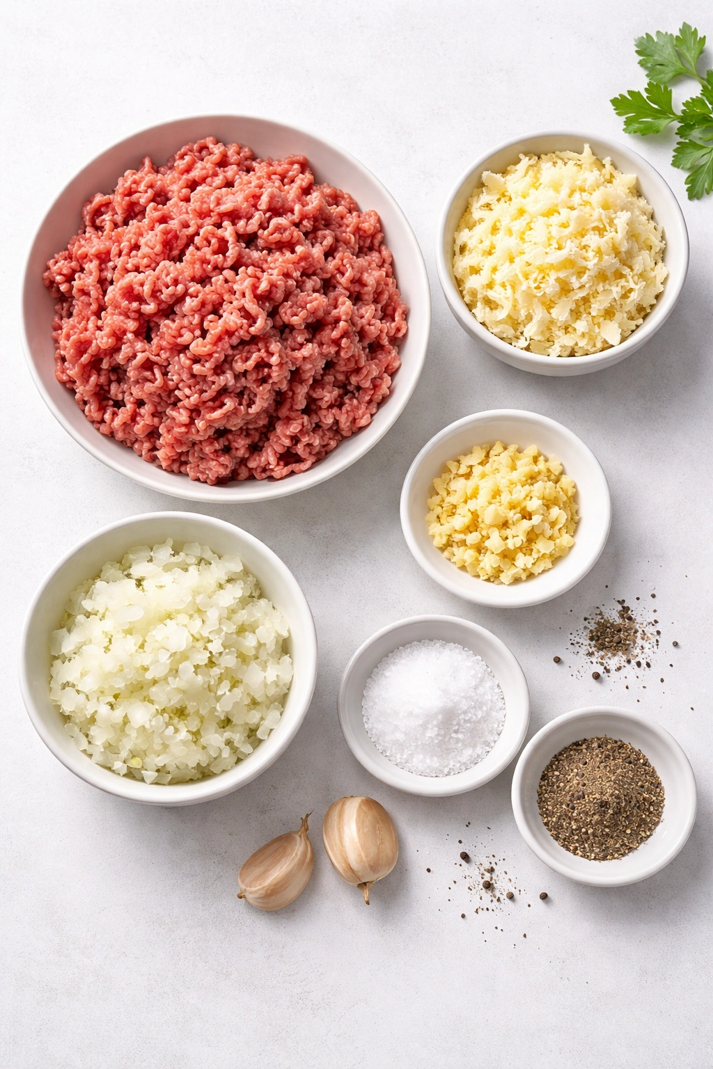 Overhead view of hamburger steak ingredients: beef, butter, onion, garlic, salt, pepper