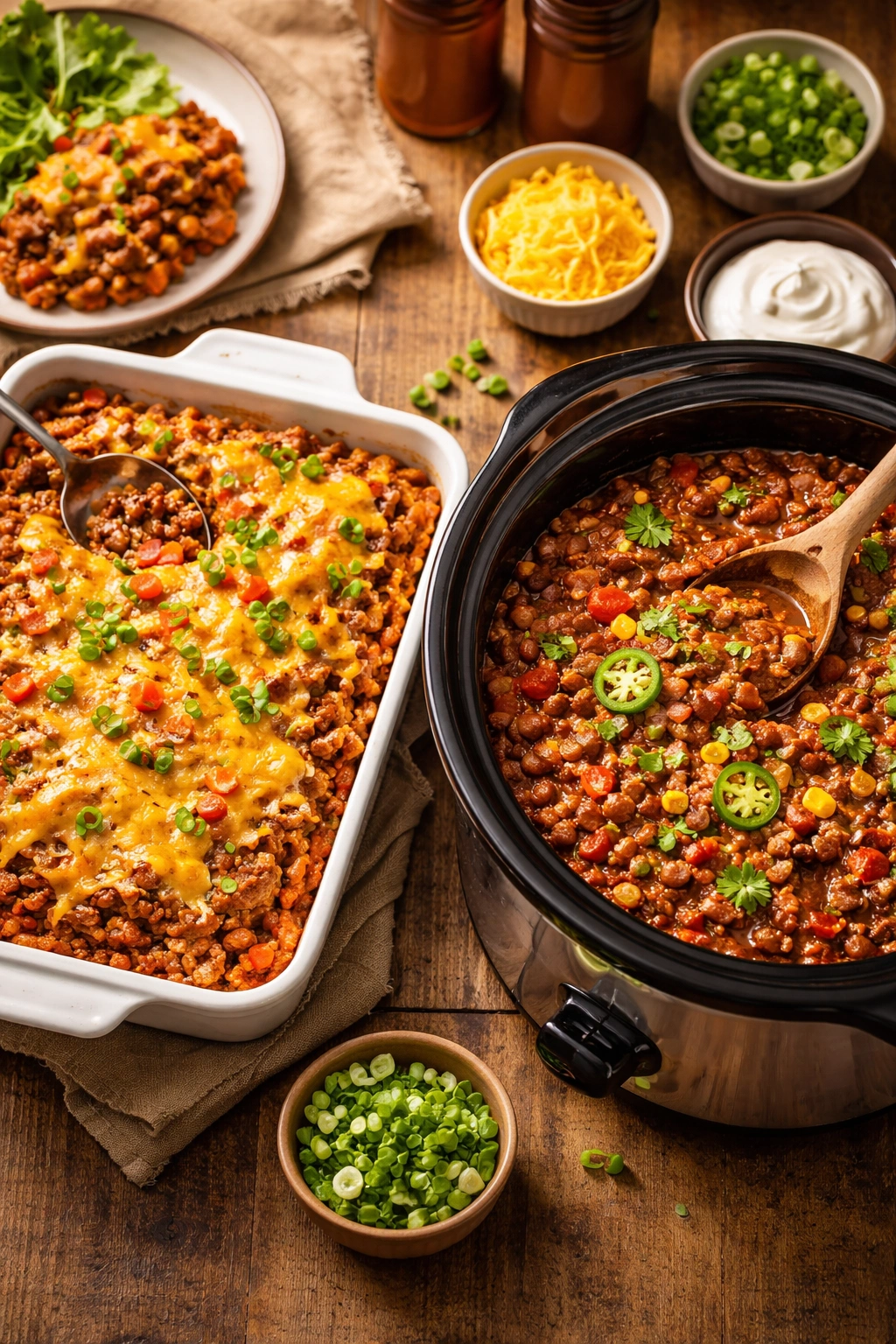 Ground beef casserole and bean chili on wooden counter