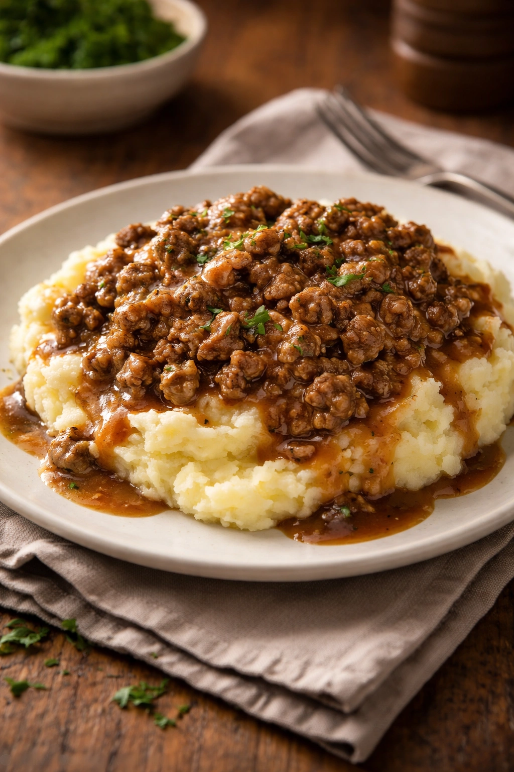 Plate of ground beef with rich gravy over mashed potatoes