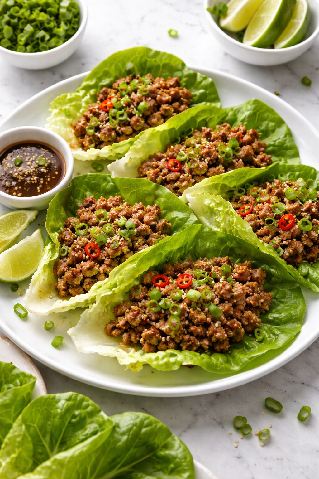 Plate of lettuce-wrapped ground beef with a glossy sauce