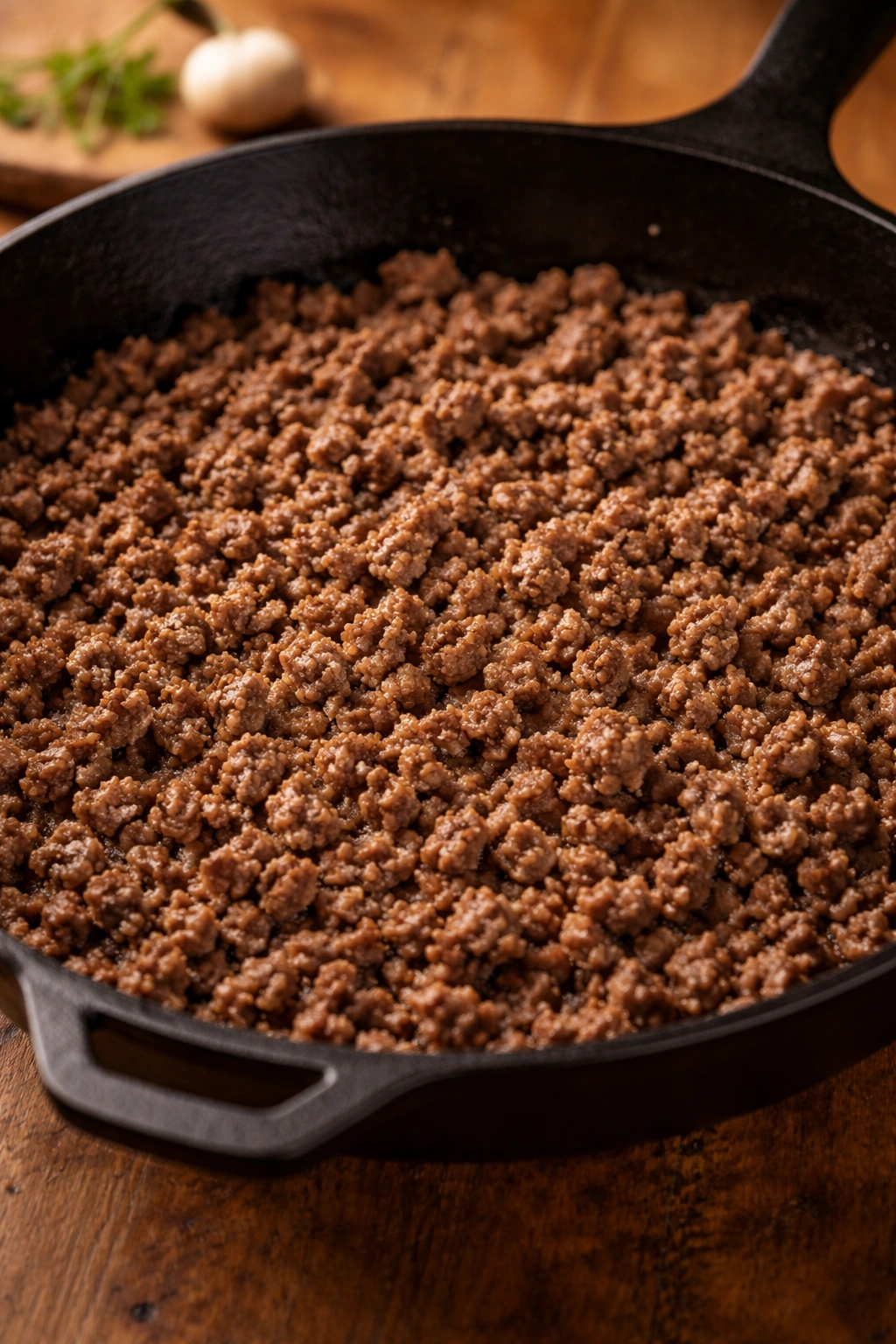 Browned ground beef crumbles in a cast-iron skillet