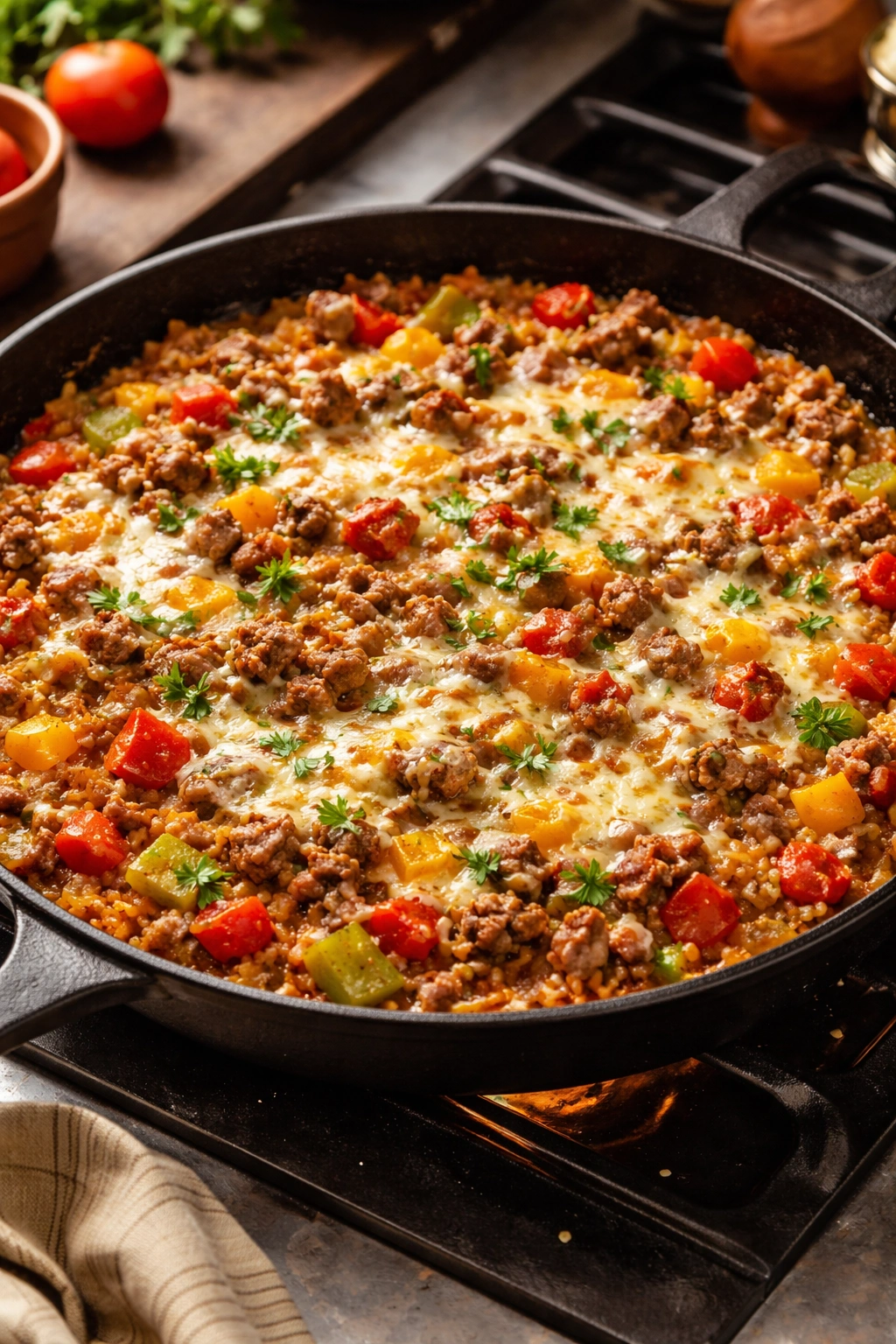 Unstuffed pepper skillet with beef, peppers, rice and melted cheese