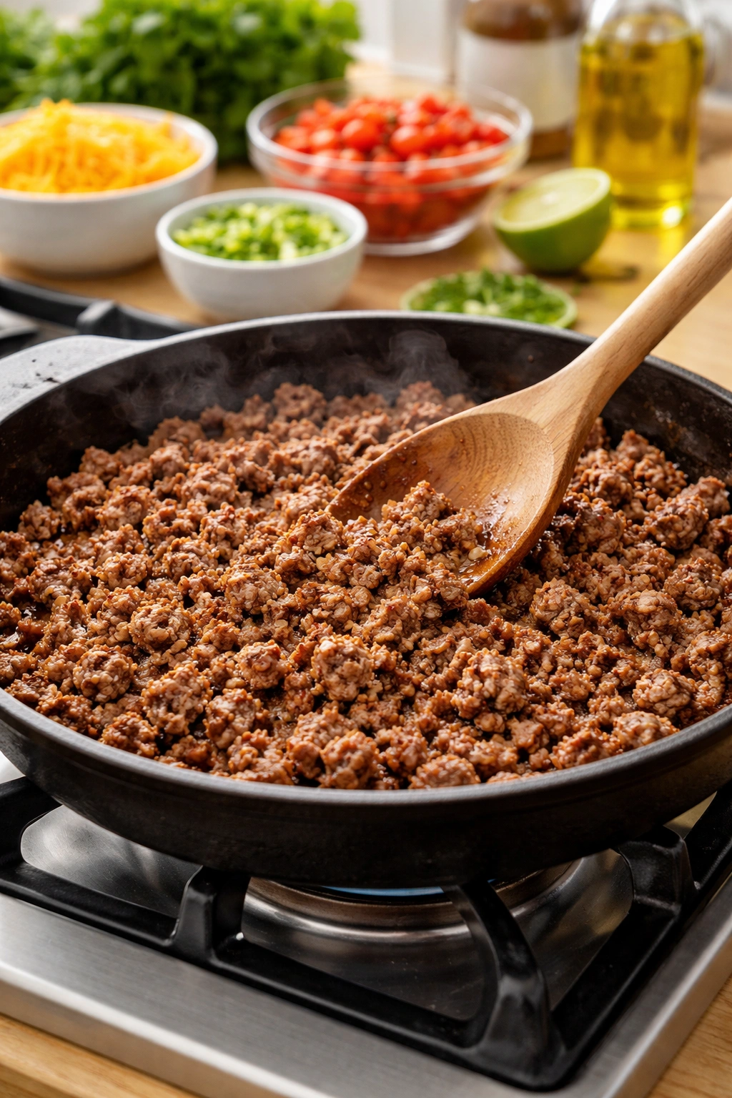 Skillet with browned ground beef being stirred on stove