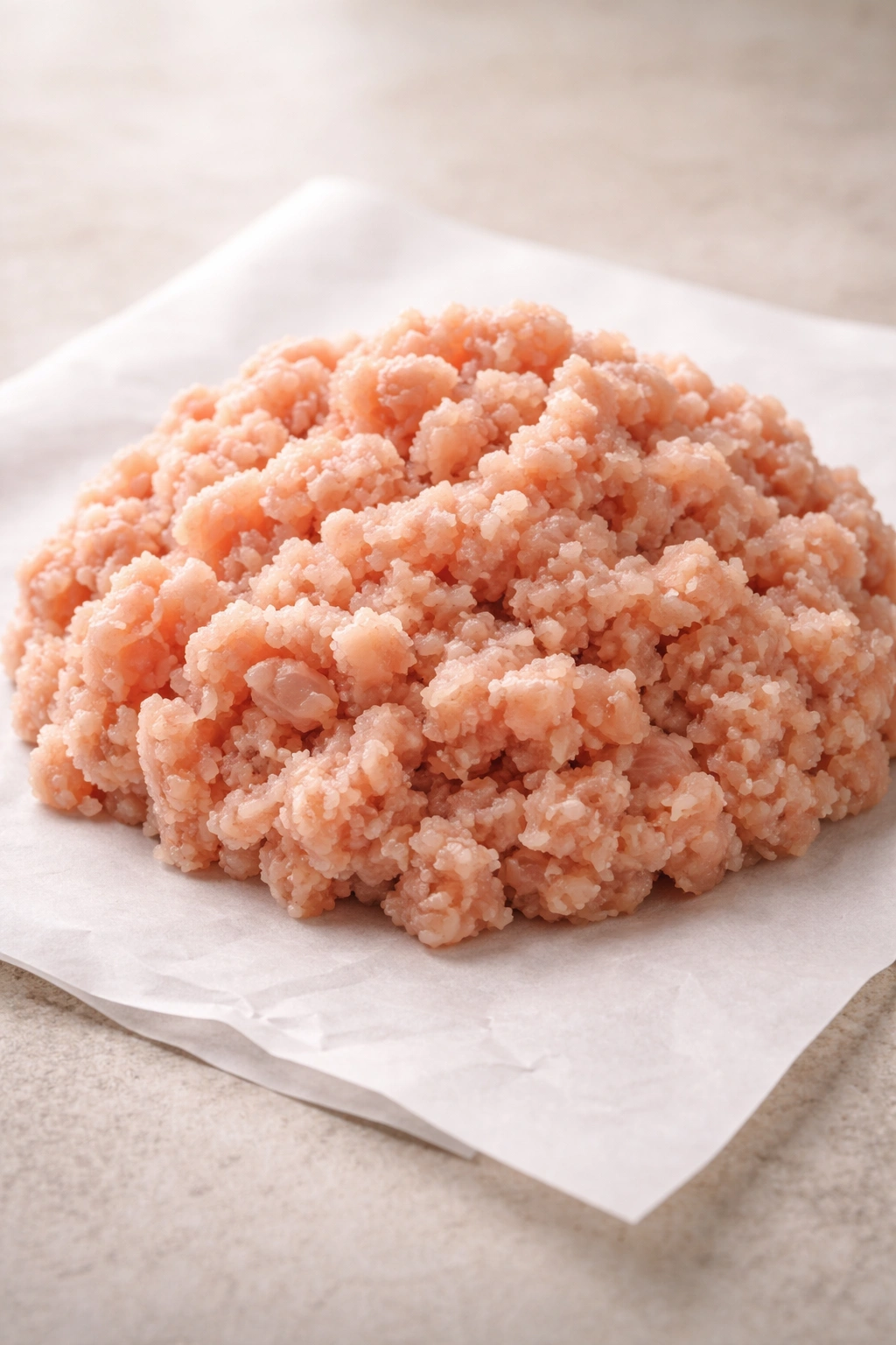 Raw ground chicken mound on neutral surface