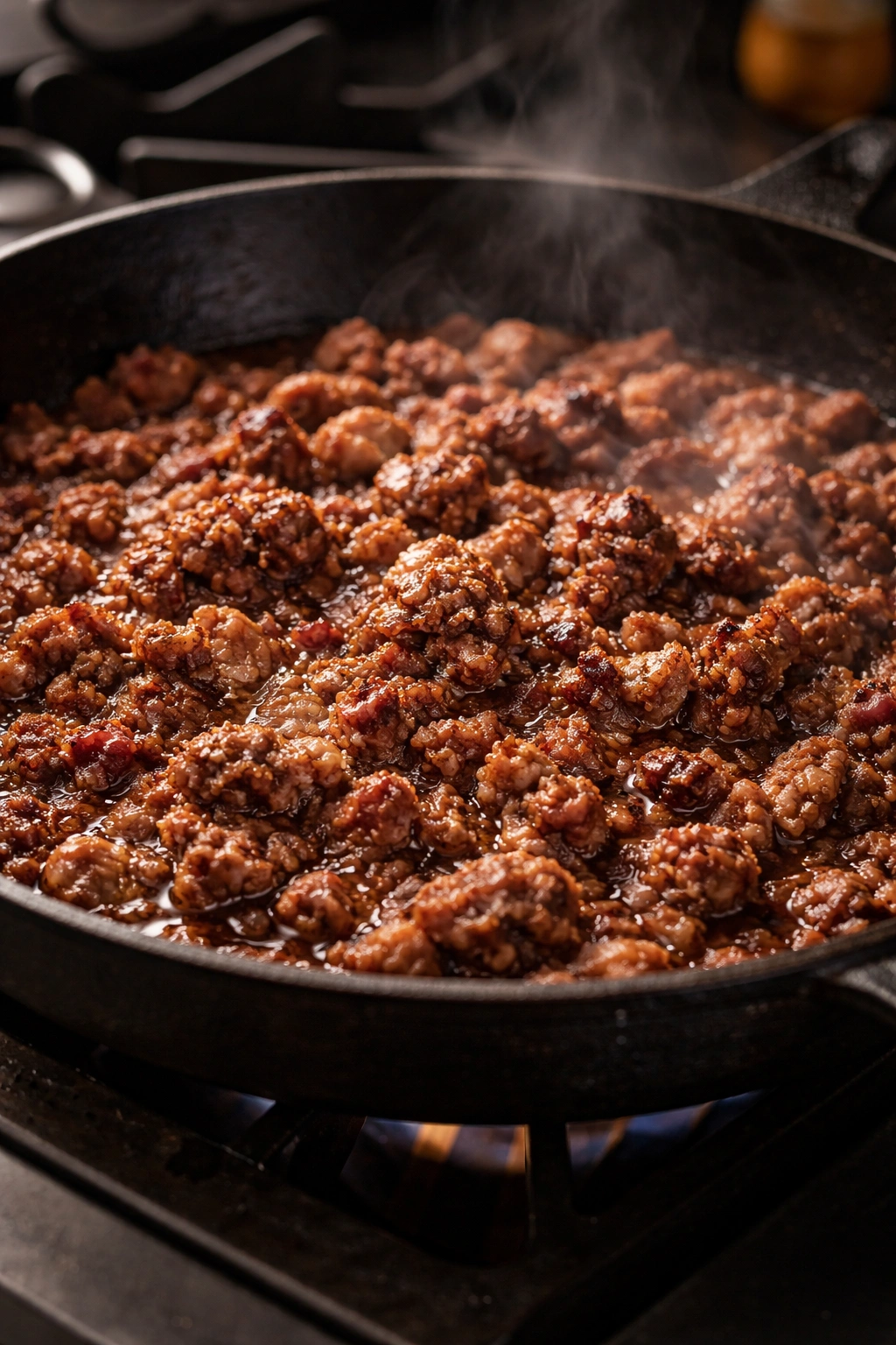 Ground beef searing in a hot skillet with a brown crust and visible fat