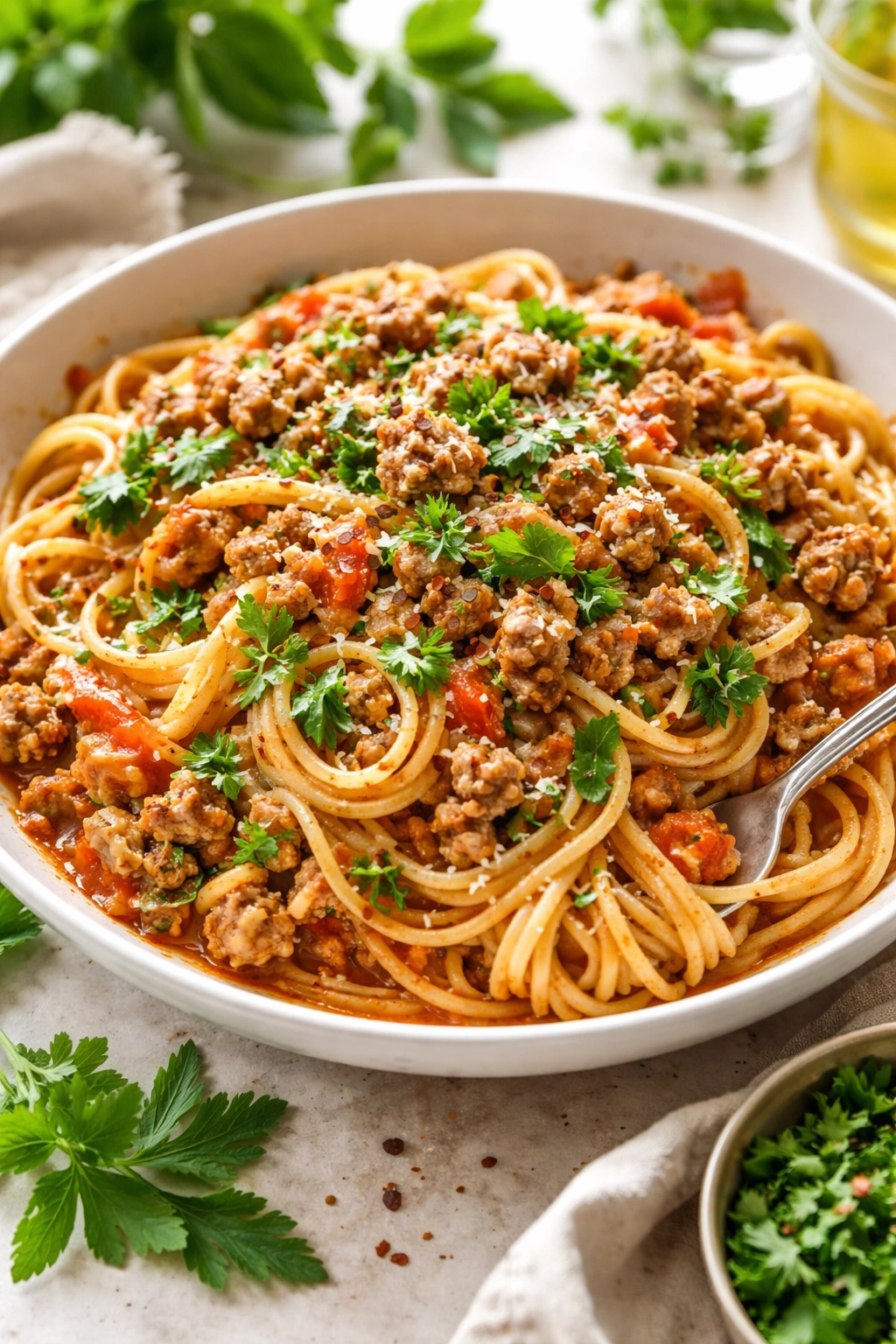 Plate of ground pork pasta with fresh herbs in a light tomato sauce
