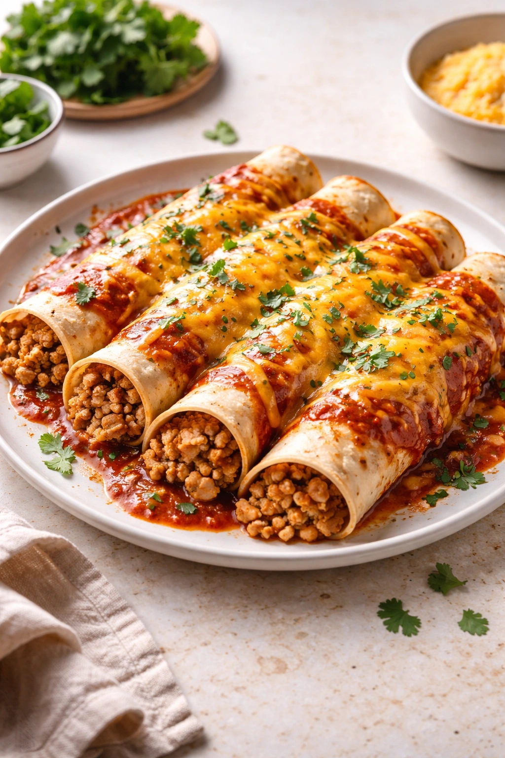 Close-up of ground turkey enchiladas with cheese on a plate