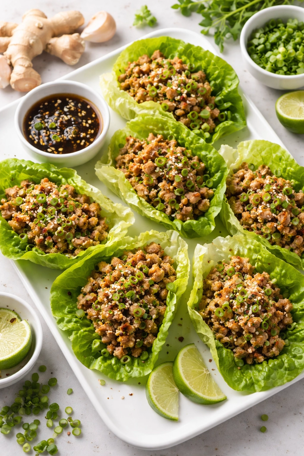 Lettuce wraps with seasoned ground turkey and ginger