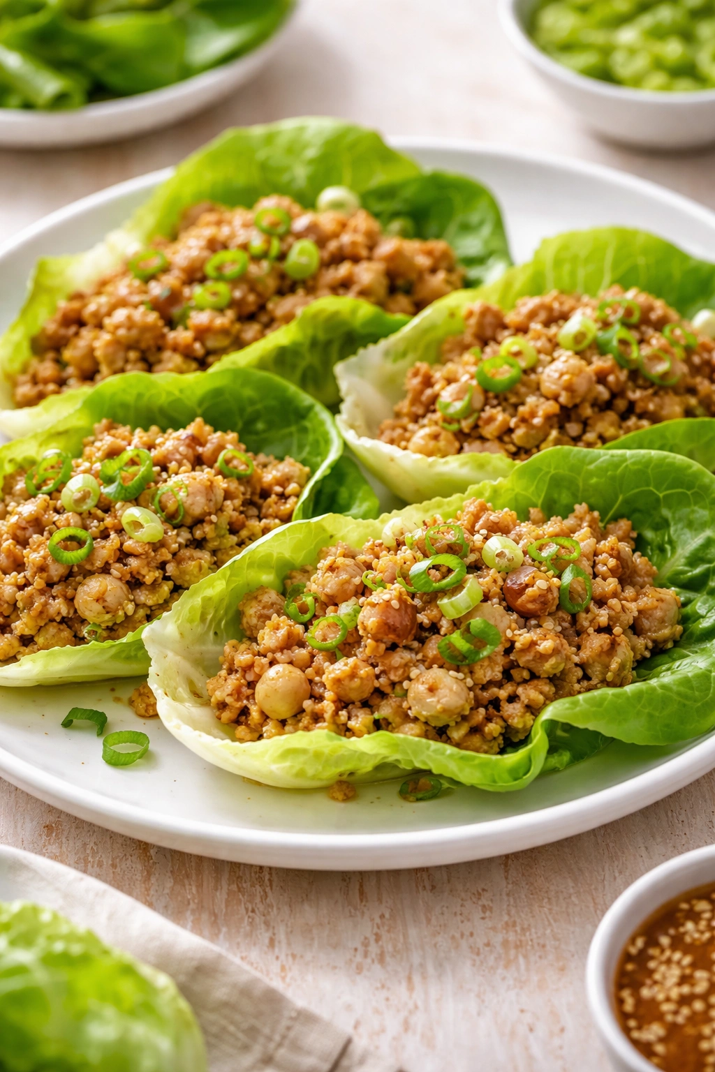 Close-up of lettuce wraps with ground turkey filling on a plate