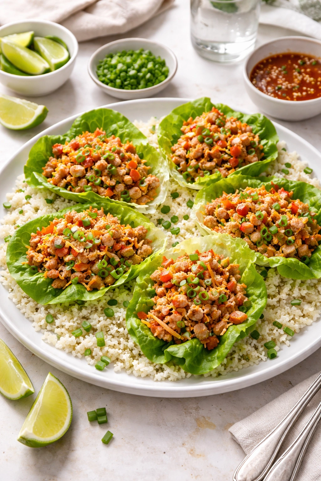 Lettuce wraps with ground turkey on cauliflower rice