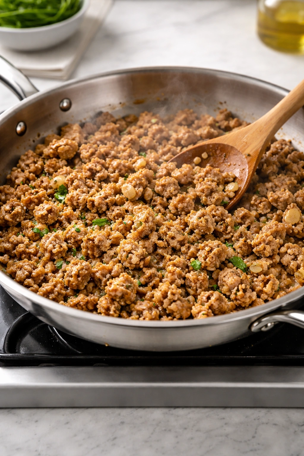 Browned ground turkey in skillet with steam