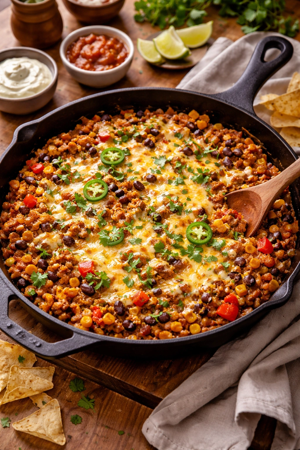 Cast-iron skillet with cheesy turkey taco mix and vegetables