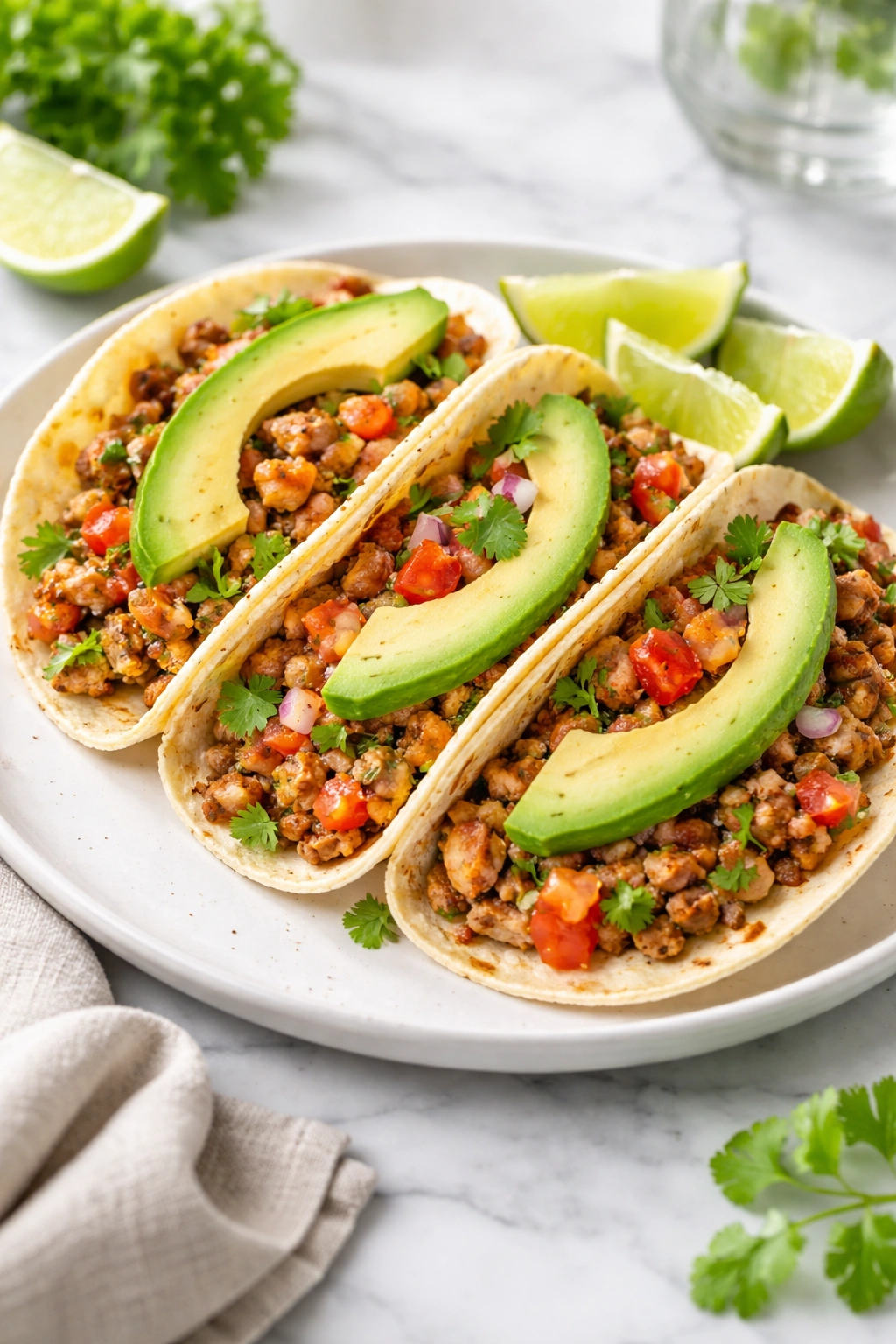 Ground turkey tacos with avocado and lime on plate, high-protein 30-minute meal