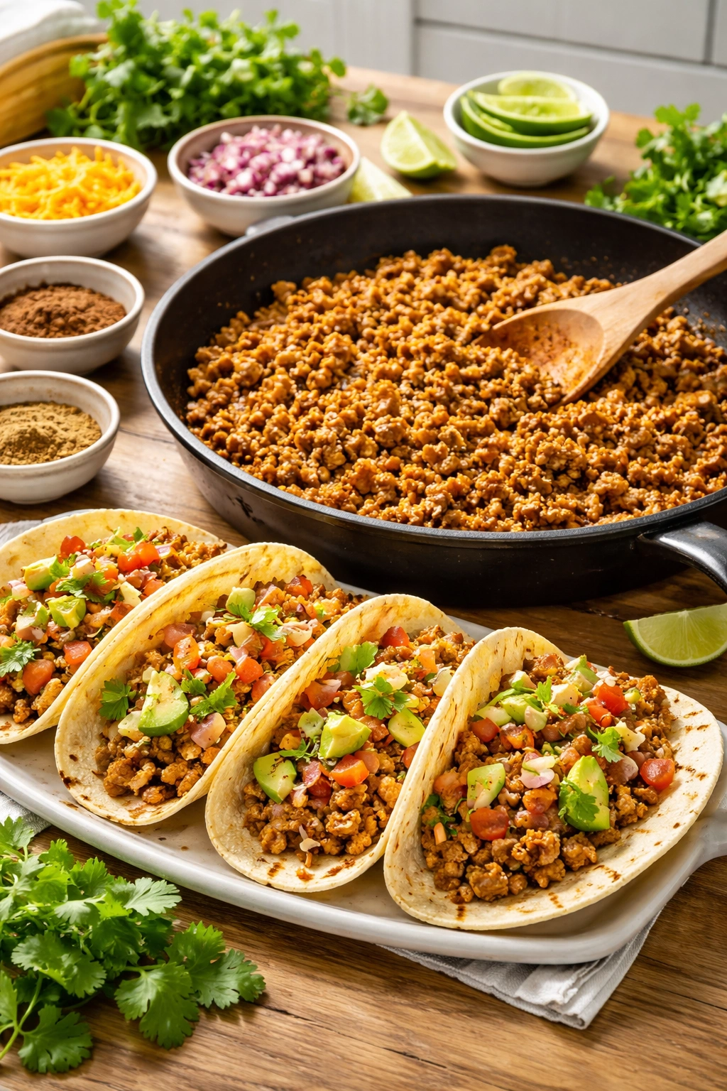 Turkey taco meat with spice blend in skillet