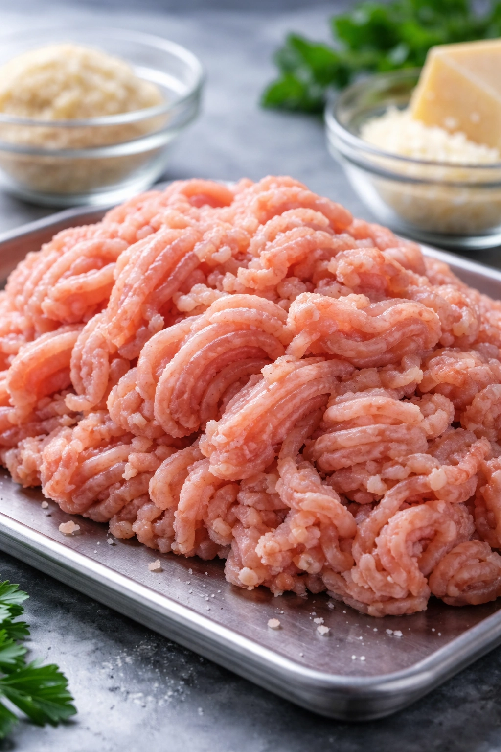 Raw ground turkey on a stainless surface showing coarse texture