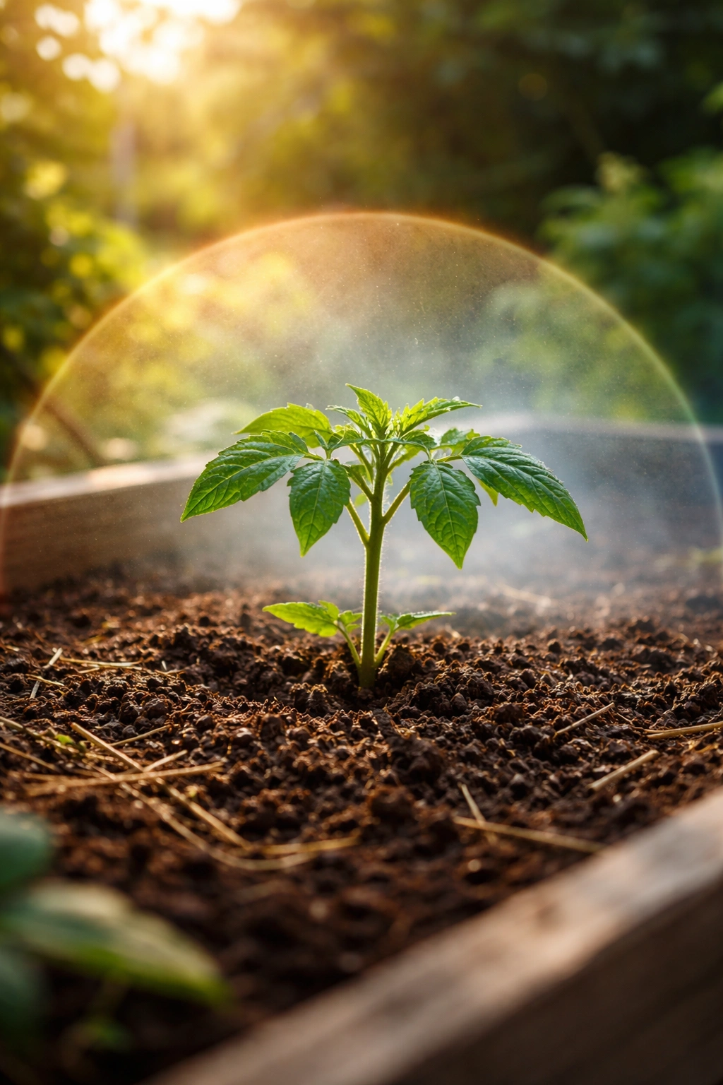 Seedling in garden bed with soft gradient background