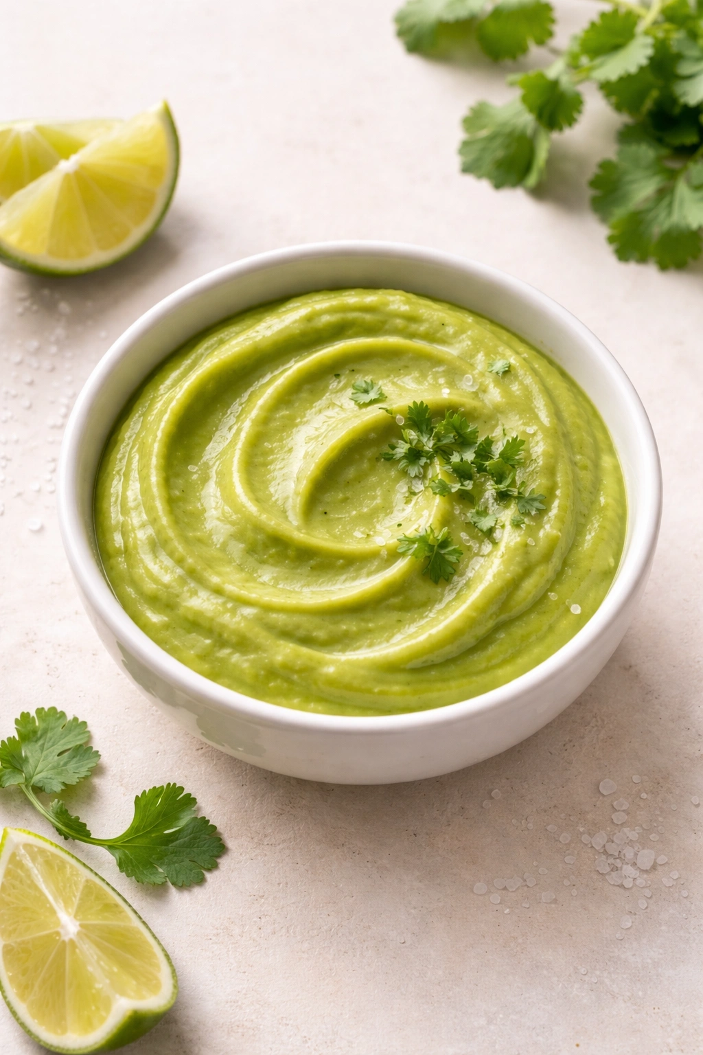 Smooth guacamole in a small bowl on a neutral surface